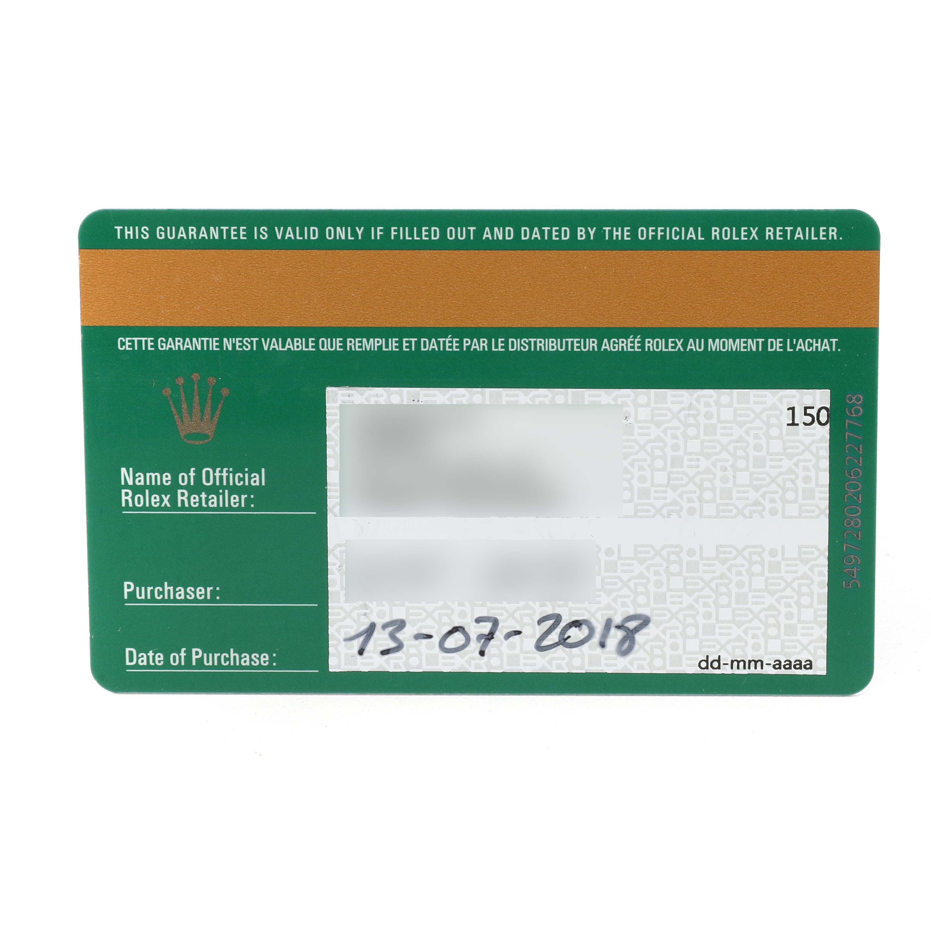 The image shows a green warranty card for a Rolex Datejust 41 126333 Men's Steel and Gold (two tone) Champagne Dial, featuring the brand logo and purchase details.