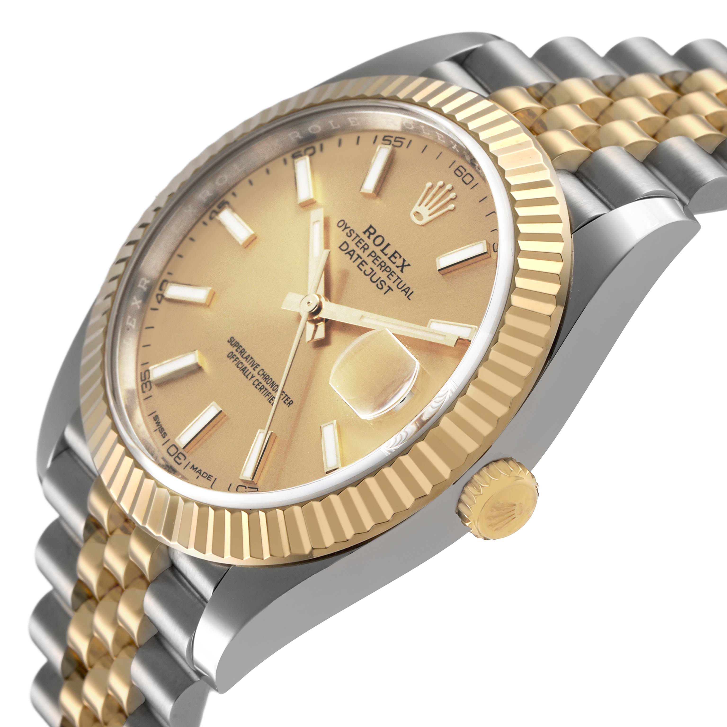 The Rolex Datejust 41 126333 Men's Steel and Gold (two tone) Champagne Dial is shown at an angle highlighting the gold dial, fluted bezel, crown, and two-tone bracelet.