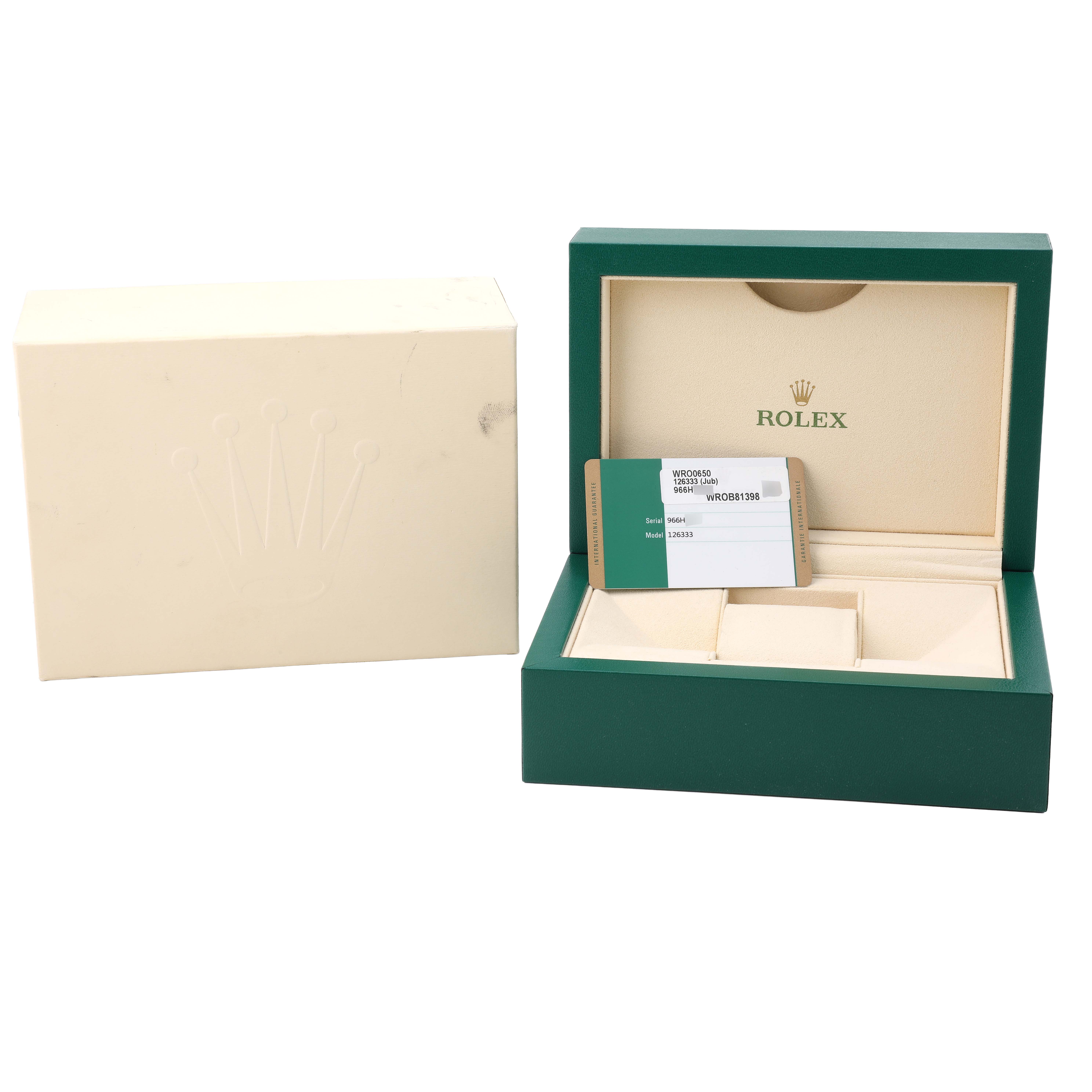 The image shows the open presentation box and outer box of a Rolex Datejust 41 126333 Men's Steel and Gold (two tone) Champagne Dial, with a warranty card inside.