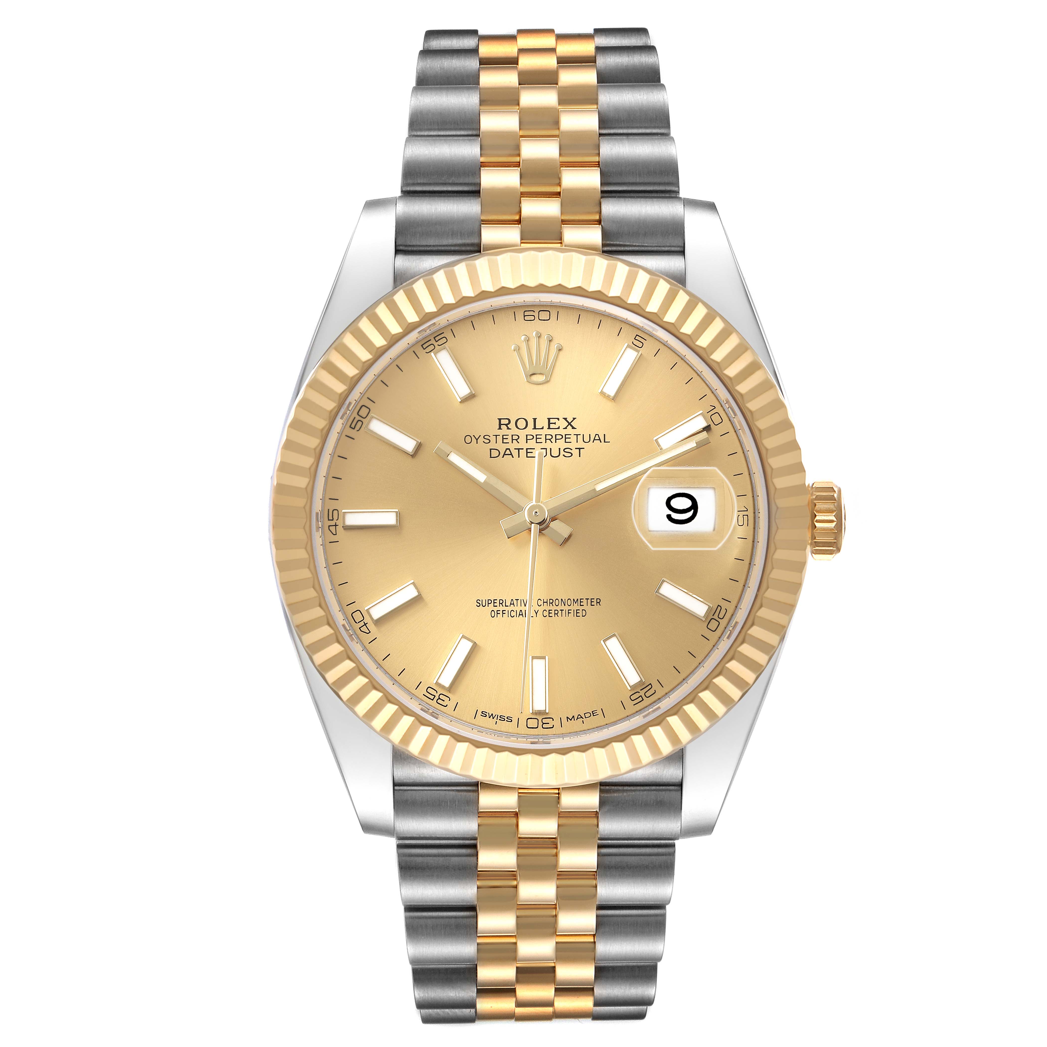 The Rolex Datejust 41 126333 Men's Steel and Gold (two tone) Champagne Dial is shown from the front, displaying its gold face, hour markers, and dual-tone bracelet.