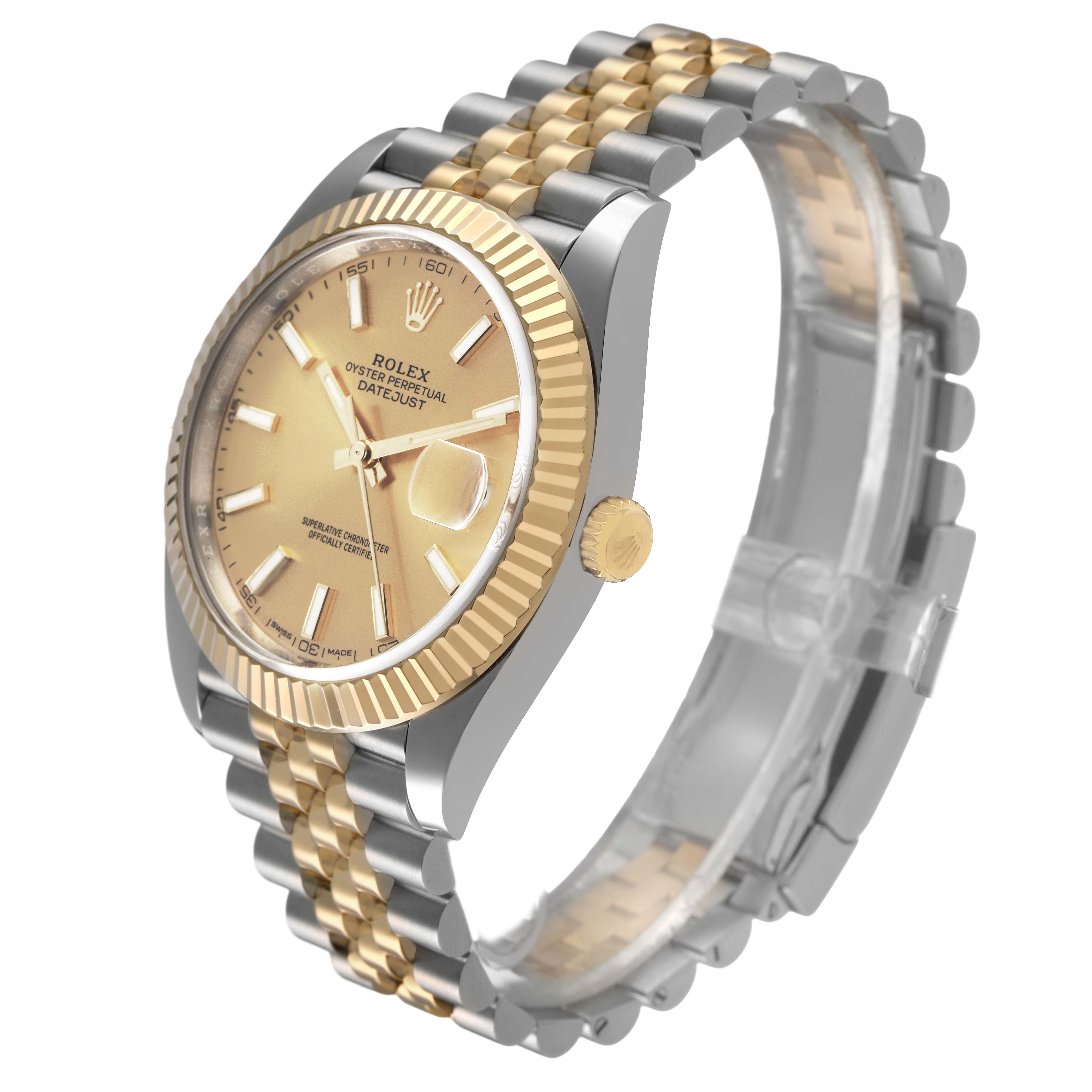 The Rolex Datejust 41 126333 Men's Steel and Gold (two tone) Champagne Dial is shown at a three-quarter angle, displaying the face, fluted bezel, and two-tone bracelet.