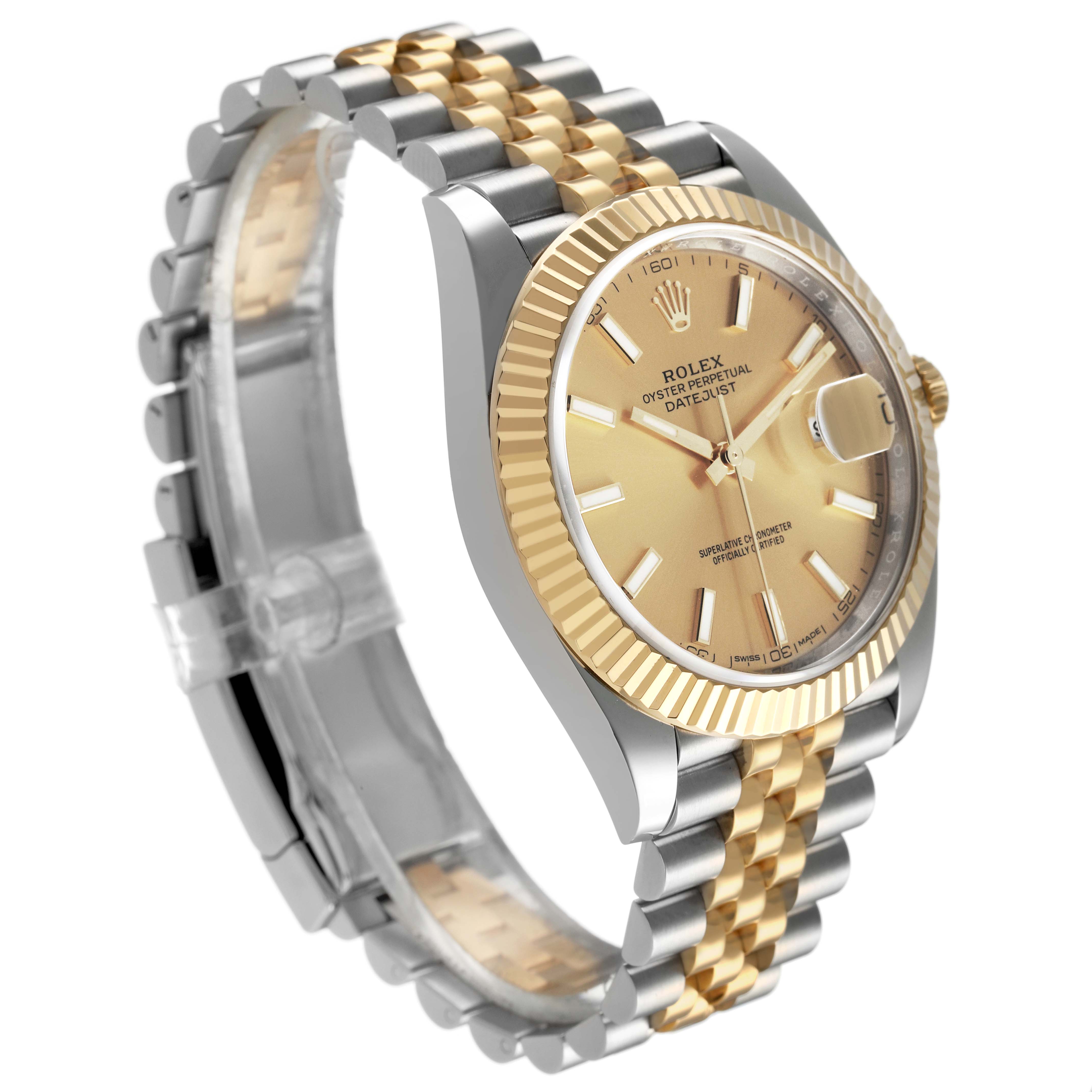 The Rolex Datejust 41 126333 Men's Steel and Gold (two tone) Champagne Dial is shown at an angle highlighting the two-tone bracelet, fluted bezel, and champagne dial.