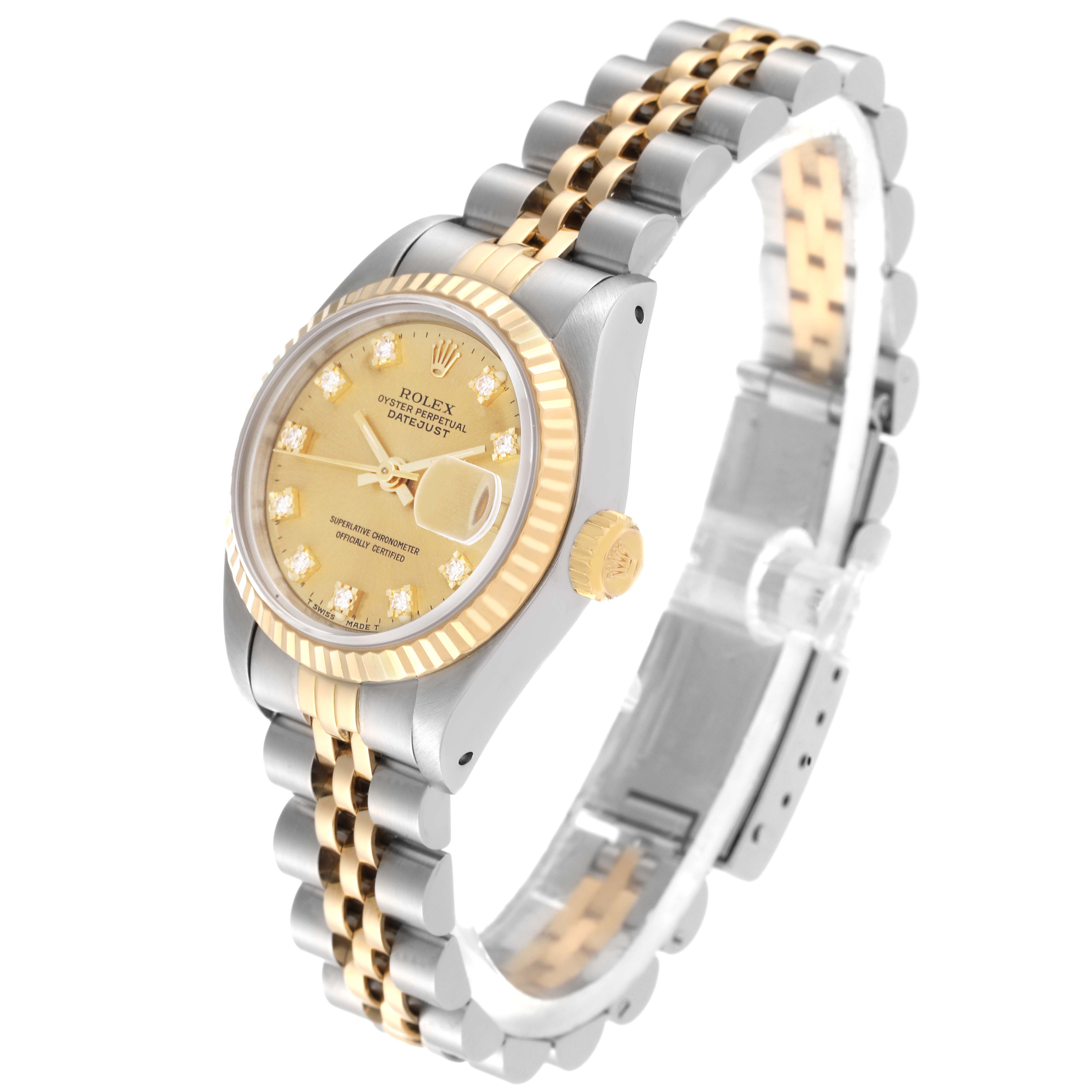 The Rolex Datejust 69173 Women's Steel and Gold (two tone) Champagne Dial 69173 Women's Steel and Gold (two tone) Champagne Dial watch is shown at a slight angle, highlighting its gold dial, fluted bezel, and two-tone Jubilee bracelet.