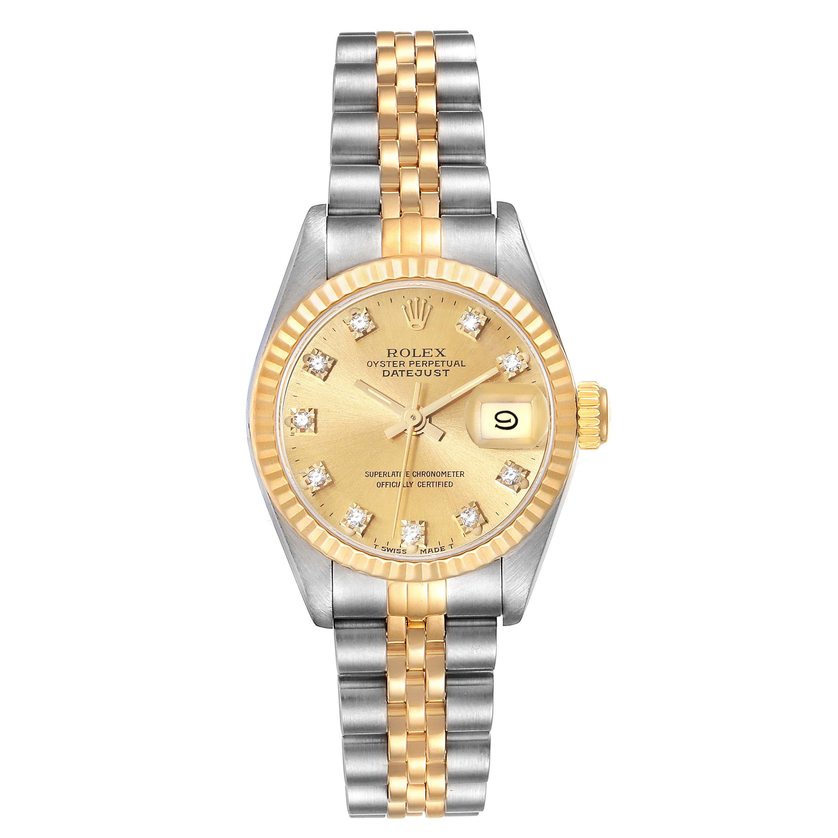 The image shows a Rolex Datejust 69173 Women's Steel and Gold (two tone) Champagne Dial 69173 Women's Steel and Gold (two tone) Champagne Dial watch with a two-tone bracelet, fluted bezel, and champagne dial, viewed from the front.