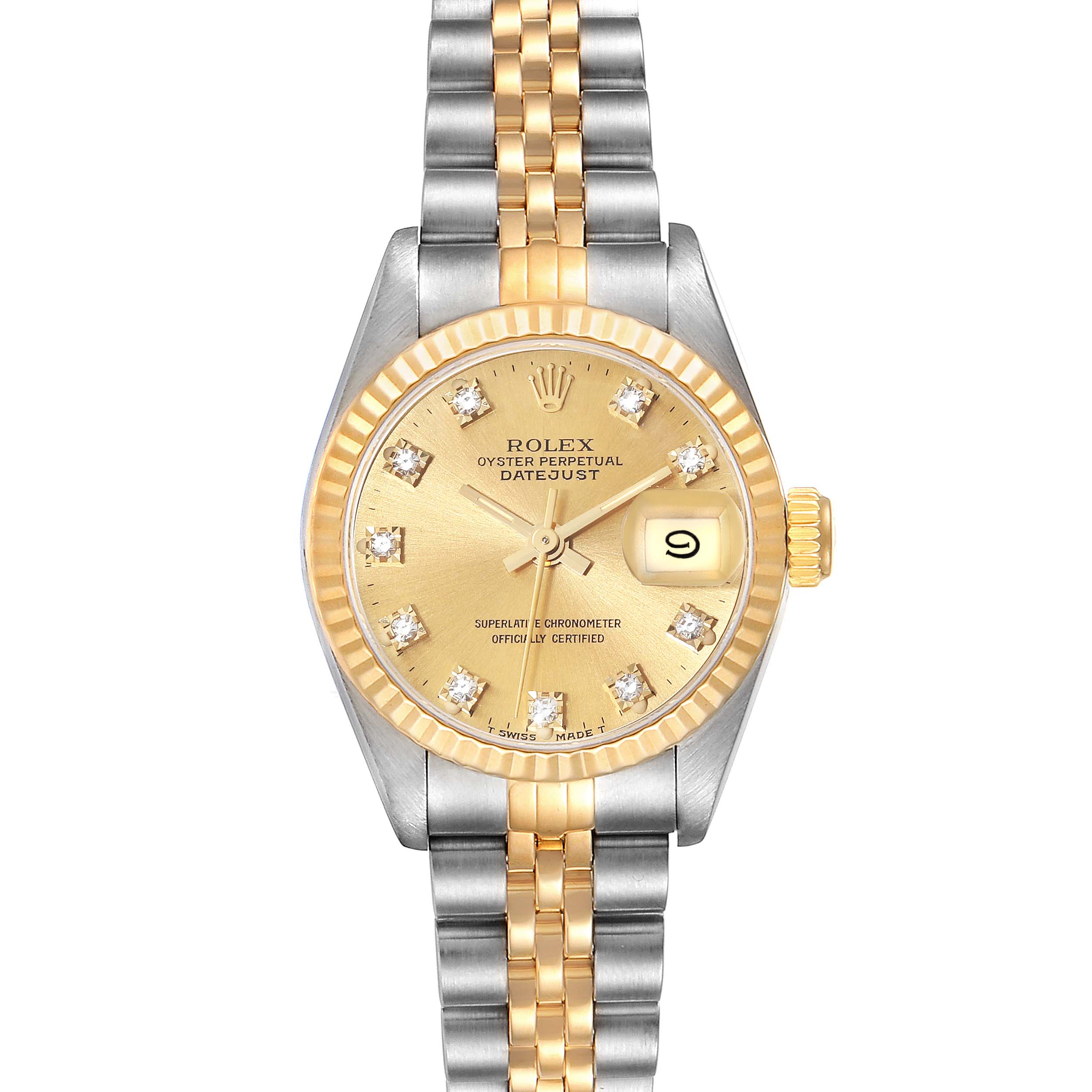 The image shows a Rolex Datejust 69173 Women's Steel and Gold (two tone) Champagne Dial 69173 Women's Steel and Gold (two tone) Champagne Dial watch from the front, highlighting the dial, bezel, hands, crown, and bracelet.