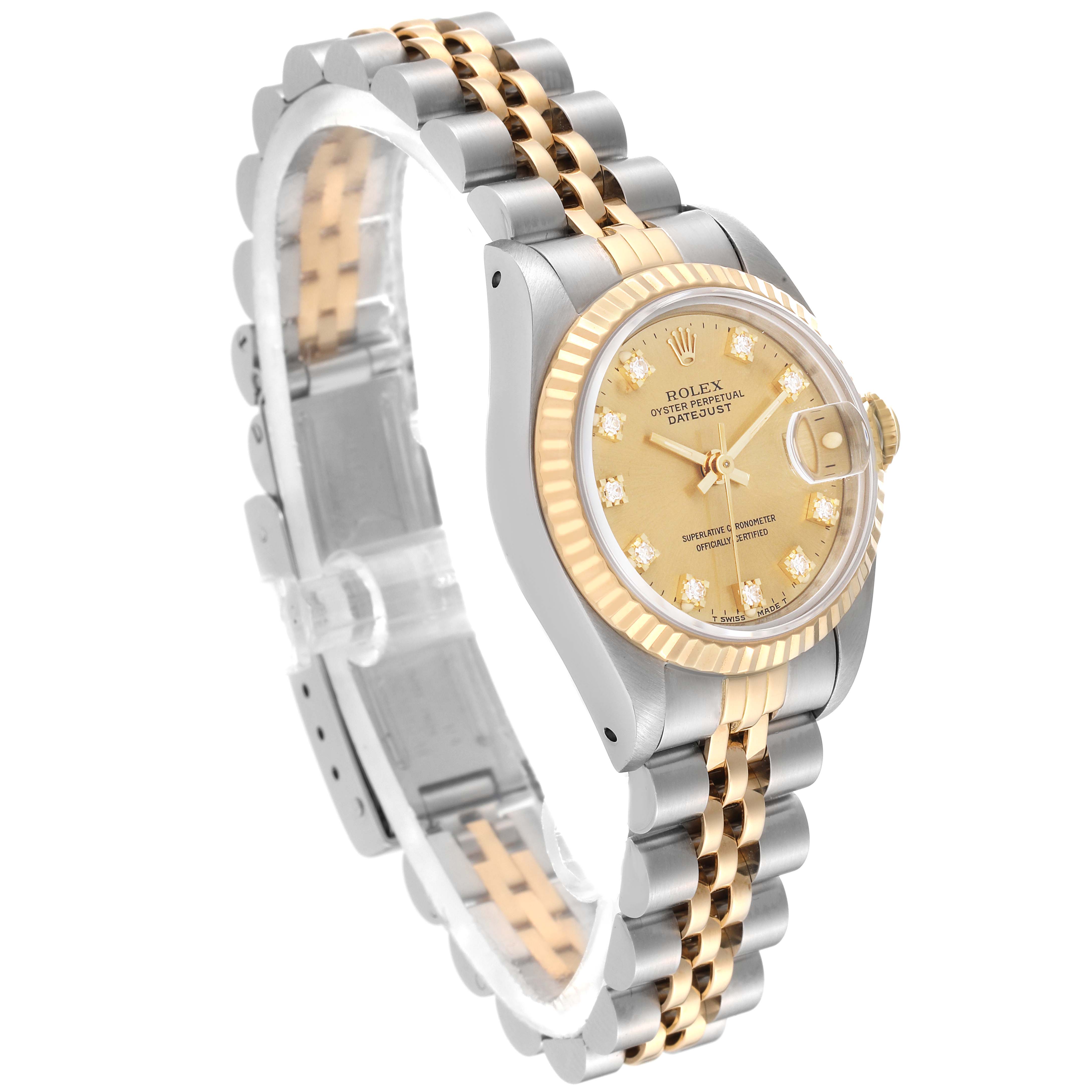 The Rolex Datejust 69173 Women's Steel and Gold (two tone) Champagne Dial 69173 Women's Steel and Gold (two tone) Champagne Dial watch is shown at an angled side view, highlighting its two-tone bracelet, fluted bezel, and champagne dial.