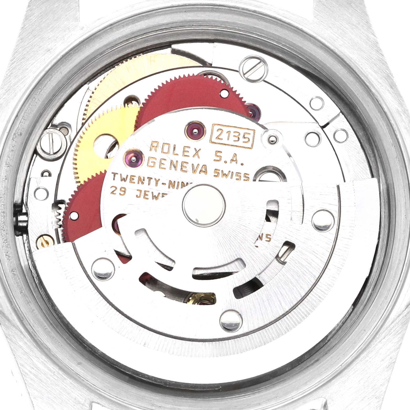 The image shows the movement mechanism of a Rolex Datejust 69173 Women's Steel and Gold (two tone) Champagne Dial 69173 Women's Steel and Gold (two tone) Champagne Dial watch from a back angle.