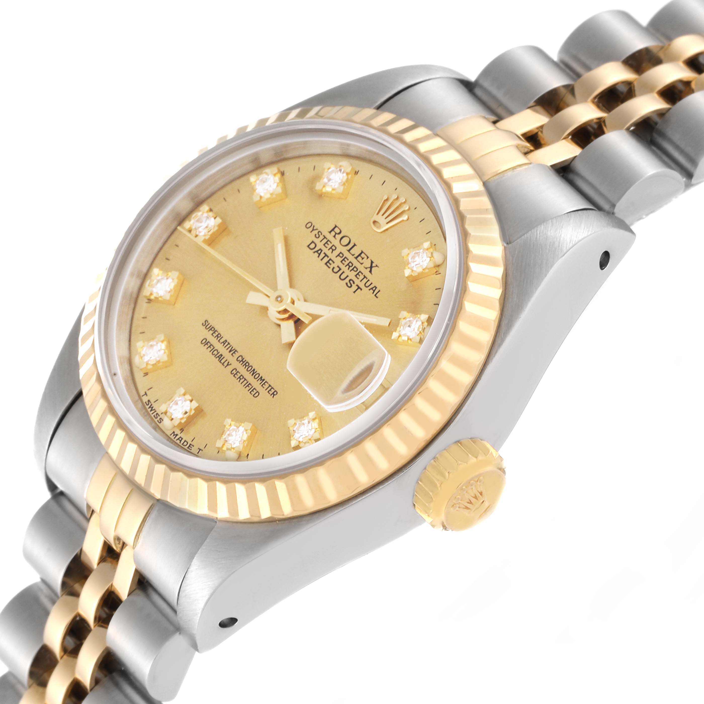 The image shows a close-up angled view of the Rolex Datejust 69173 Women's Steel and Gold (two tone) Champagne Dial 69173 Women's Steel and Gold (two tone) Champagne Dial, displaying its face, crown, and part of the bracelet.