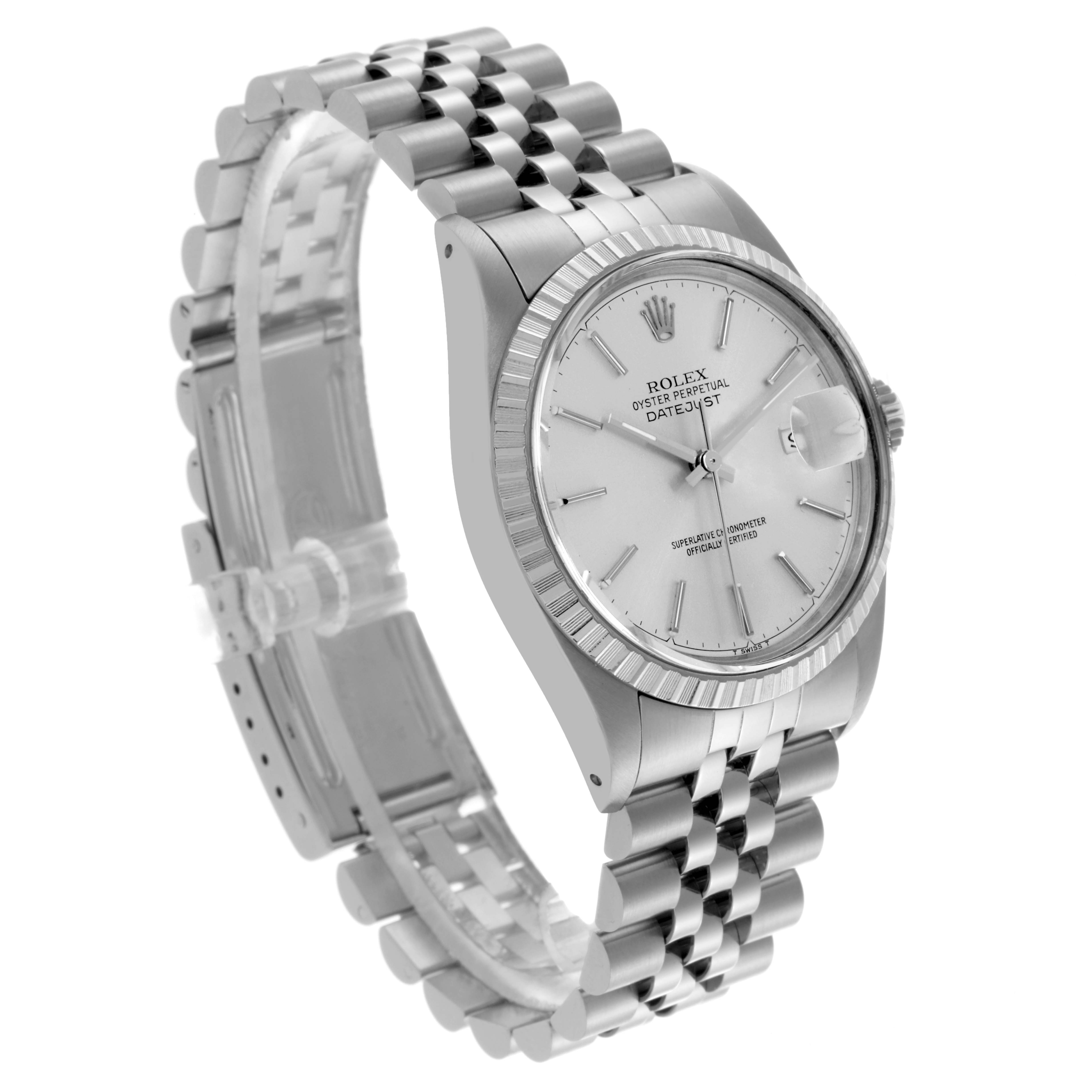 The Rolex Datejust 16030 Men's Stainless Steel Silver Dial 16030 Men's Stainless Steel Silver Dial watch is shown at a three-quarter angle, highlighting the face, fluted bezel, and Jubilee bracelet.