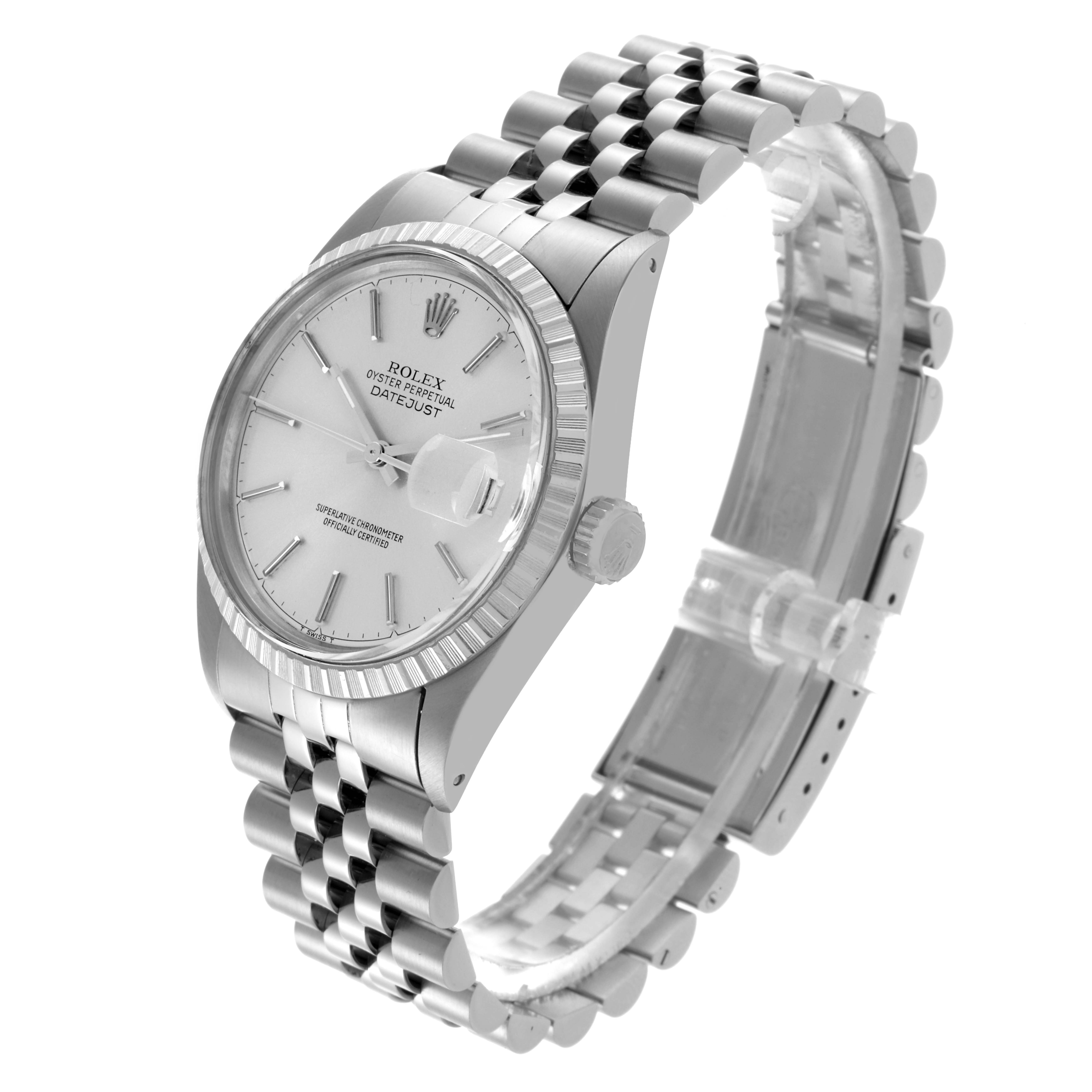 The image shows a side-top angle of a Rolex Datejust 16030 Men's Stainless Steel Silver Dial 16030 Men's Stainless Steel Silver Dial watch displaying the dial, fluted bezel, crown, and Jubilee bracelet.