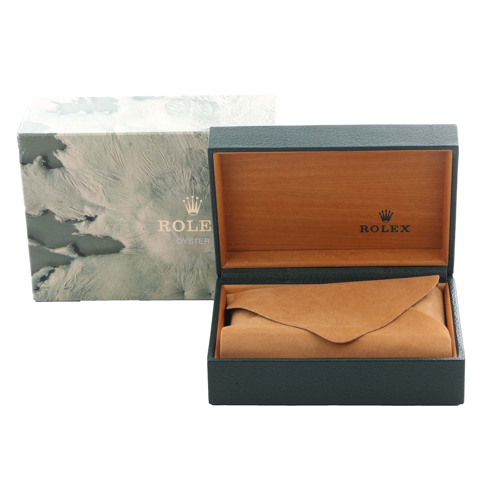 The image shows a Rolex Datejust 16030 Men's Stainless Steel Silver Dial 16030 Men's Stainless Steel Silver Dial watch box and cover, with a brown leather pouch inside.