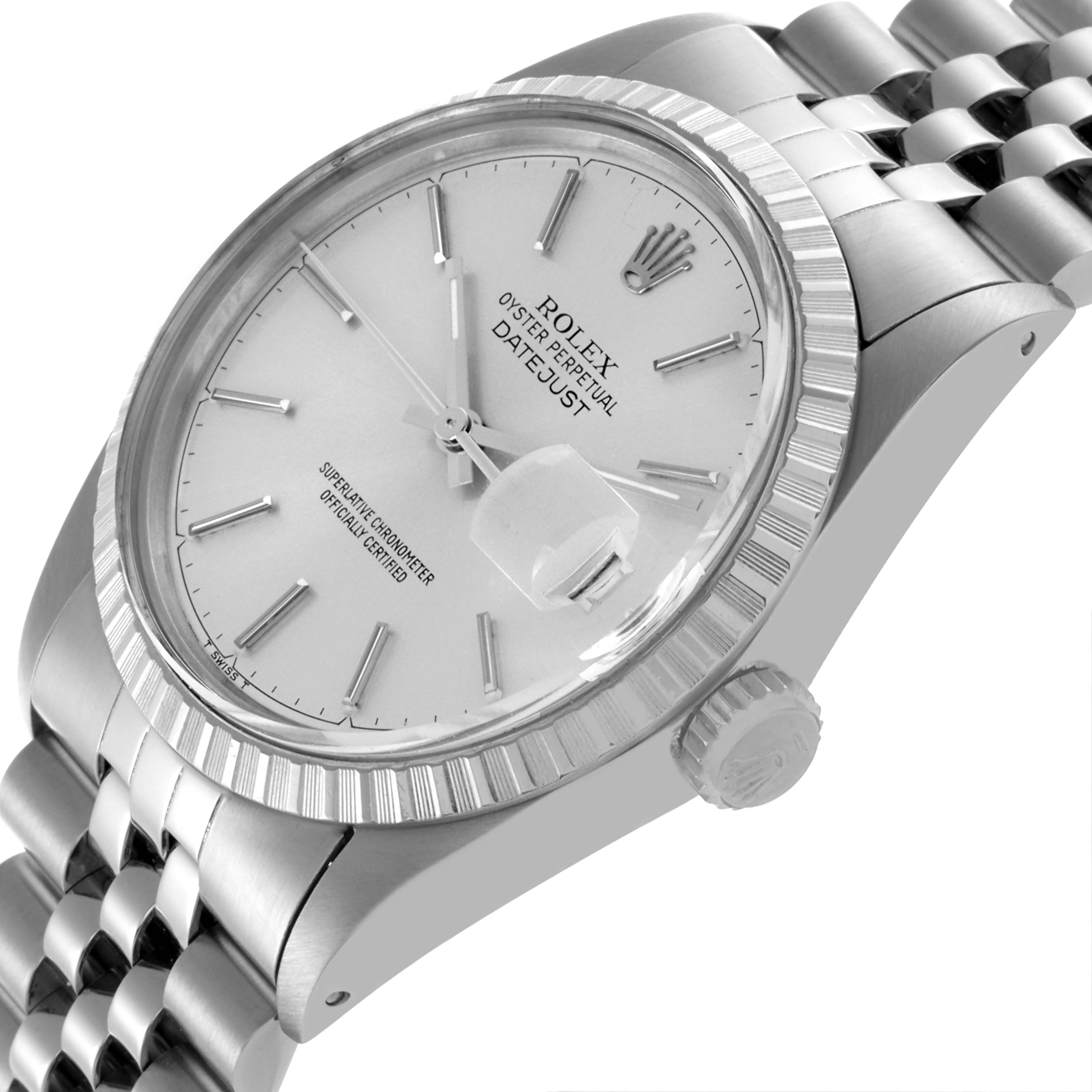 The Rolex Datejust 16030 Men's Stainless Steel Silver Dial 16030 Men's Stainless Steel Silver Dial watch is shown from an angled view, highlighting the face, fluted bezel, cyclops lens, and the jubilee bracelet.