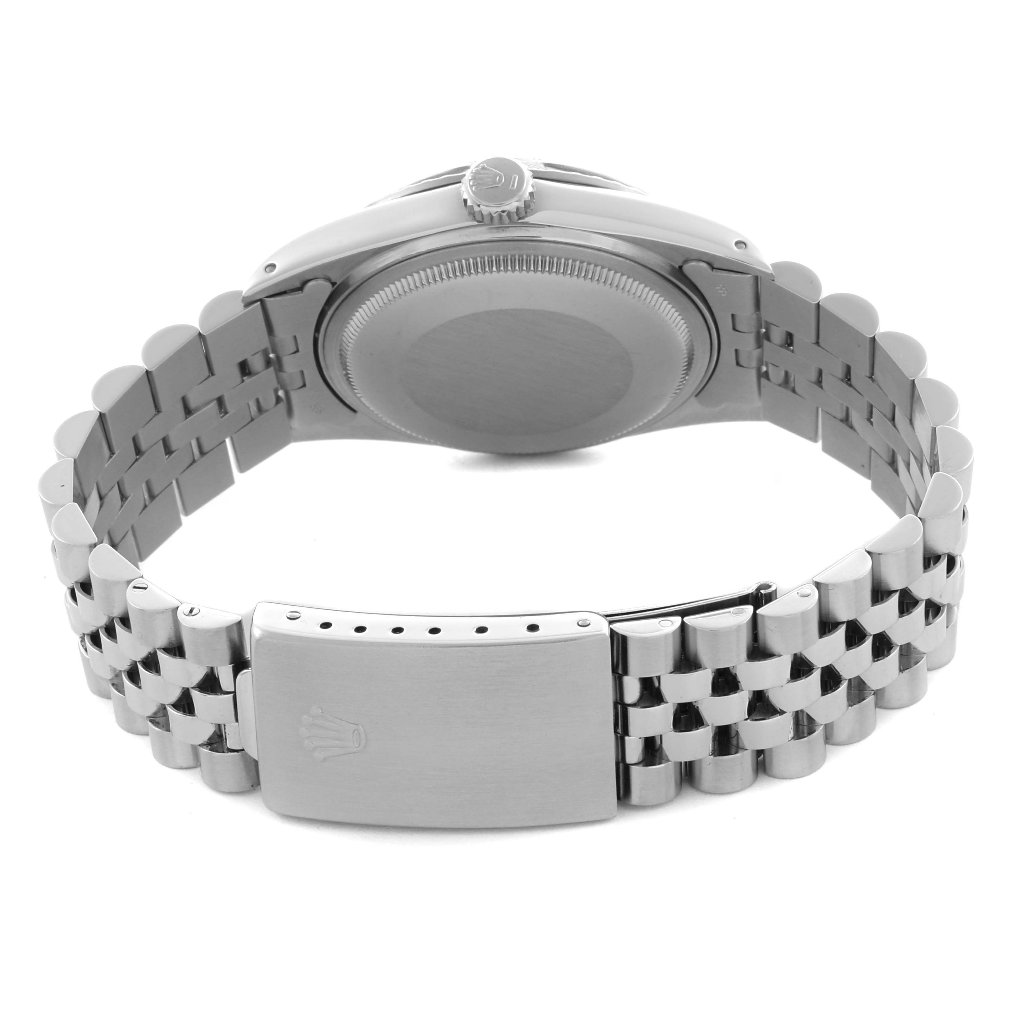 The image shows the back of a Rolex Datejust 16030 Men's Stainless Steel Silver Dial 16030 Men's Stainless Steel Silver Dial watch, highlighting the case back, jubilee bracelet, and clasp.