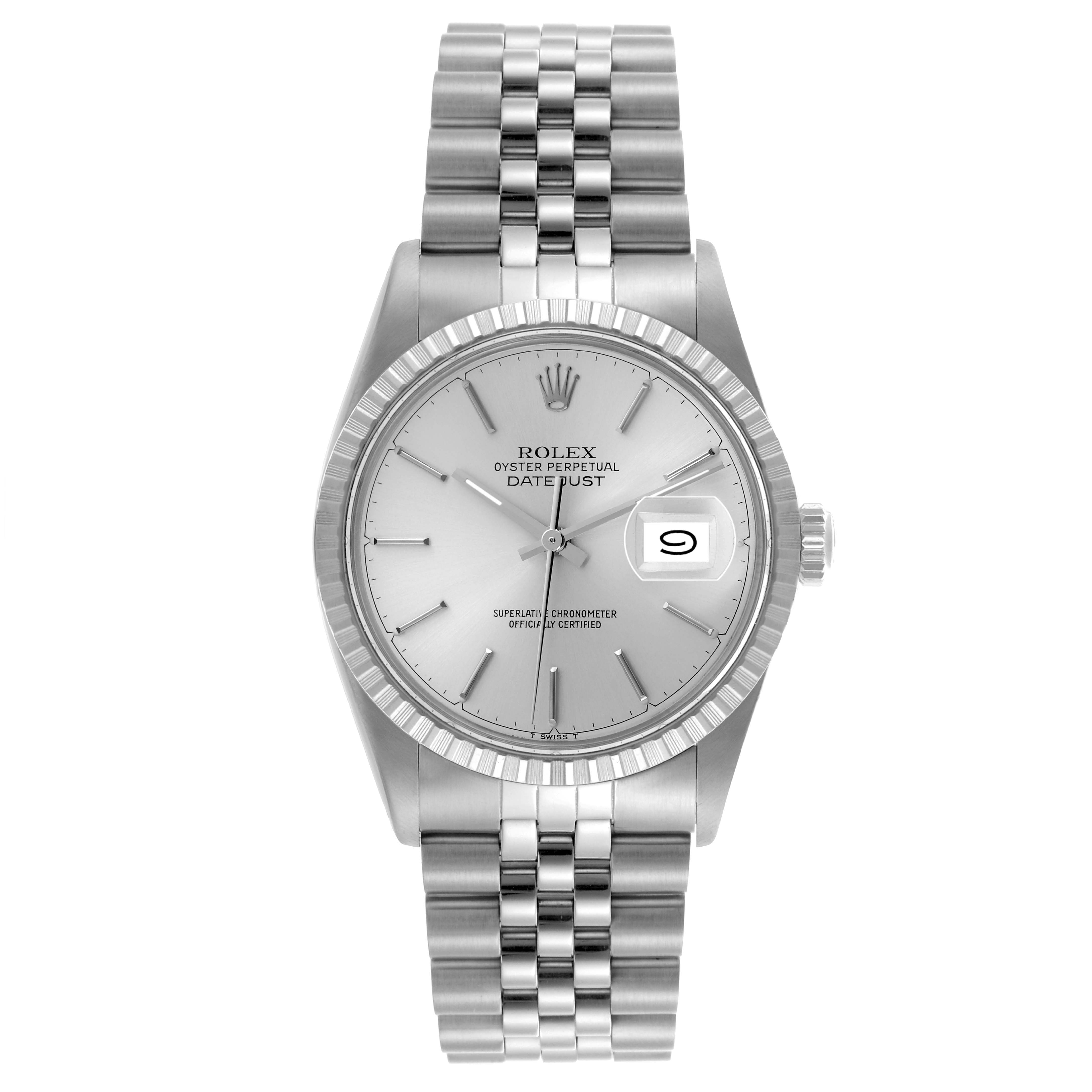 The Rolex Datejust 16030 Men's Stainless Steel Silver Dial 16030 Men's Stainless Steel Silver Dial watch is shown from a front angle, displaying the face, bezel, and bracelet.