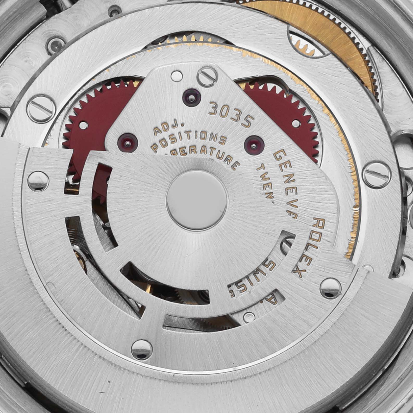 The image shows a close-up of the movement inside a Rolex Datejust 16030 Men's Stainless Steel Silver Dial 16030 Men's Stainless Steel Silver Dial watch, highlighting the gears and rotor.