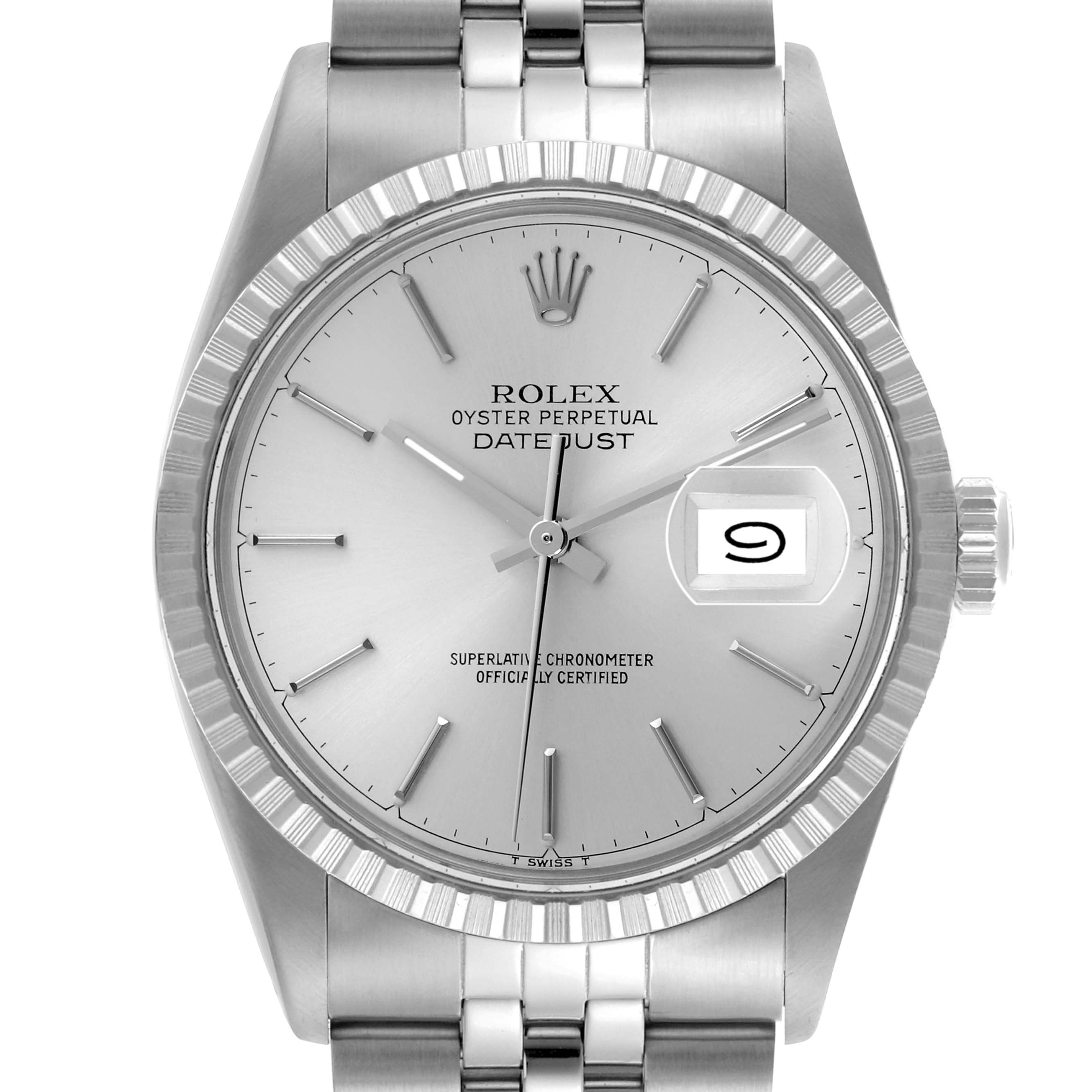 The Rolex Datejust 16030 Men's Stainless Steel Silver Dial 16030 Men's Stainless Steel Silver Dial watch is shown from a top view, highlighting the dial, bezel, hands, date window, and part of the bracelet.