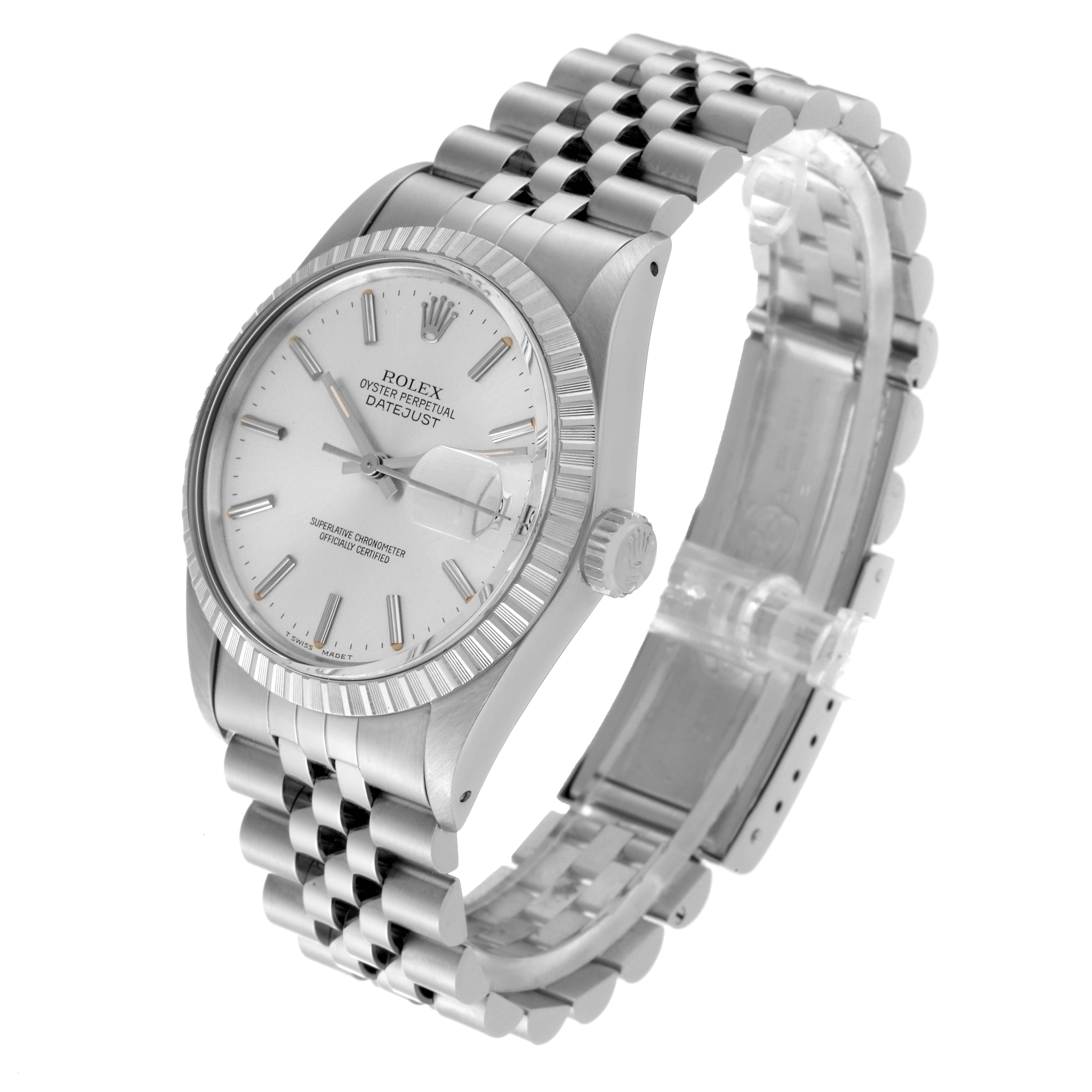 The image shows a slightly tilted, angled view of the Rolex Vintage Collection 16030 Men's Stainless Steel Silver Dial 16030 Men's Stainless Steel Silver Dial Datejust watch, showcasing its face, bezel, crown, and bracelet.