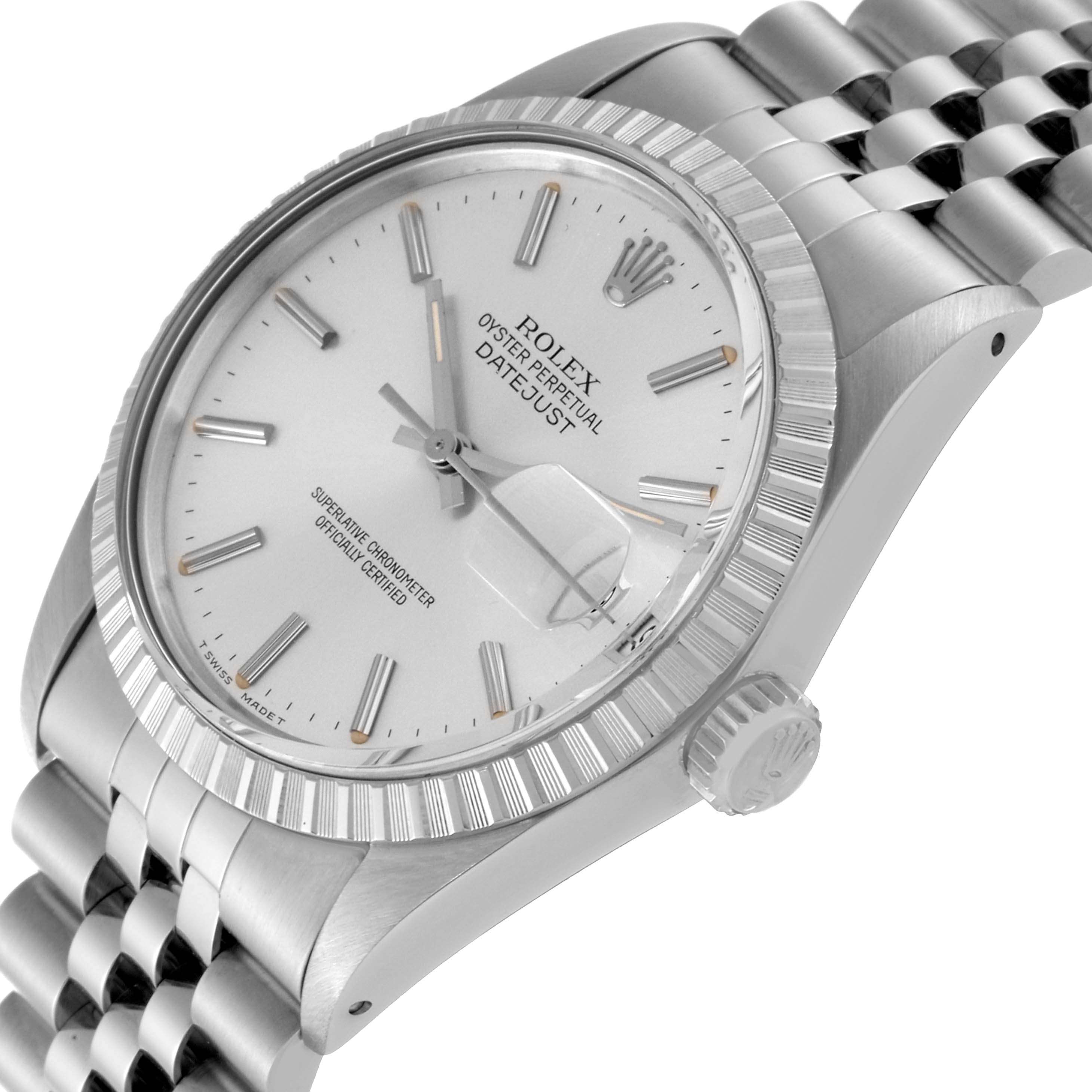 This side-angle shot of the Rolex Vintage Collection 16030 Men's Stainless Steel Silver Dial 16030 Men's Stainless Steel Silver Dial Datejust shows its face, bezel, crown, and part of the metal bracelet.