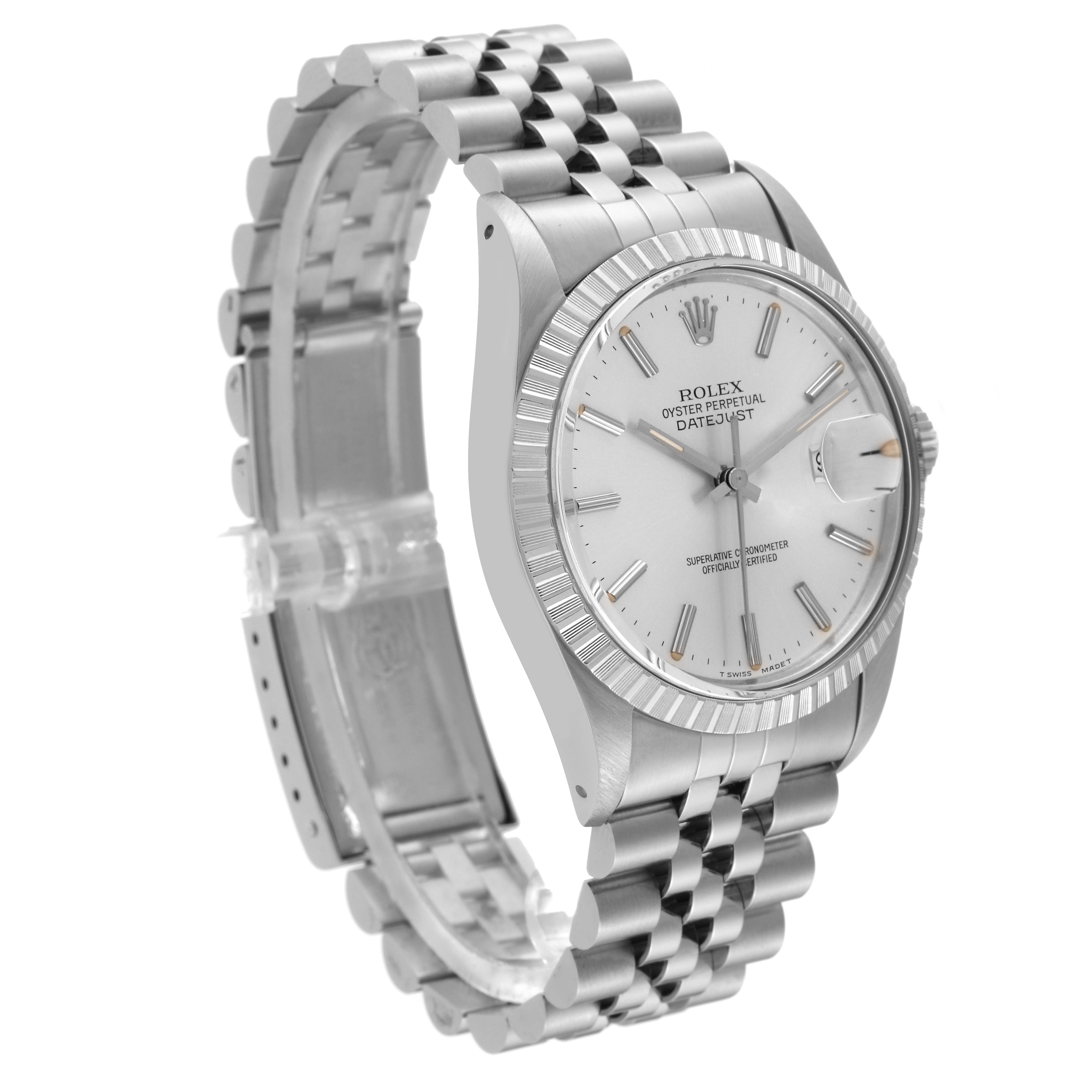 The image shows a side angle view of the Rolex Vintage Collection 16030 Men's Stainless Steel Silver Dial 16030 Men's Stainless Steel Silver Dial Datejust watch, highlighting the face, bezel, and bracelet.