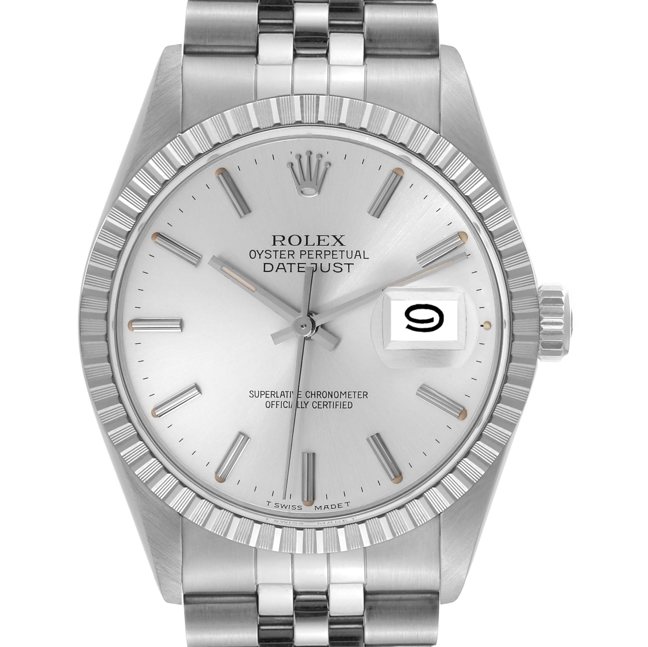 The image shows a front view of the Rolex Vintage Collection 16030 Men's Stainless Steel Silver Dial 16030 Men's Stainless Steel Silver Dial Datejust, featuring the dial, bezel, crown, and part of the bracelet.