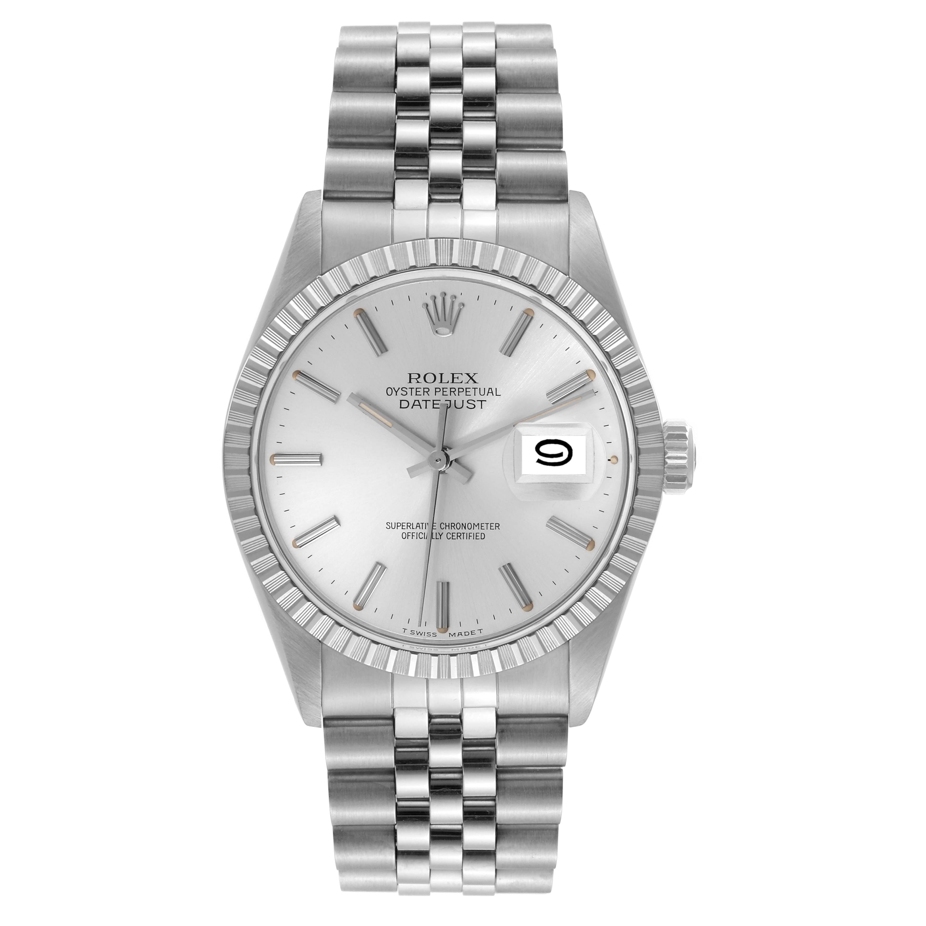 The image shows a front view of a Rolex Vintage Collection 16030 Men's Stainless Steel Silver Dial 16030 Men's Stainless Steel Silver Dial Datejust watch, displaying the dial, bezel, and bracelet.