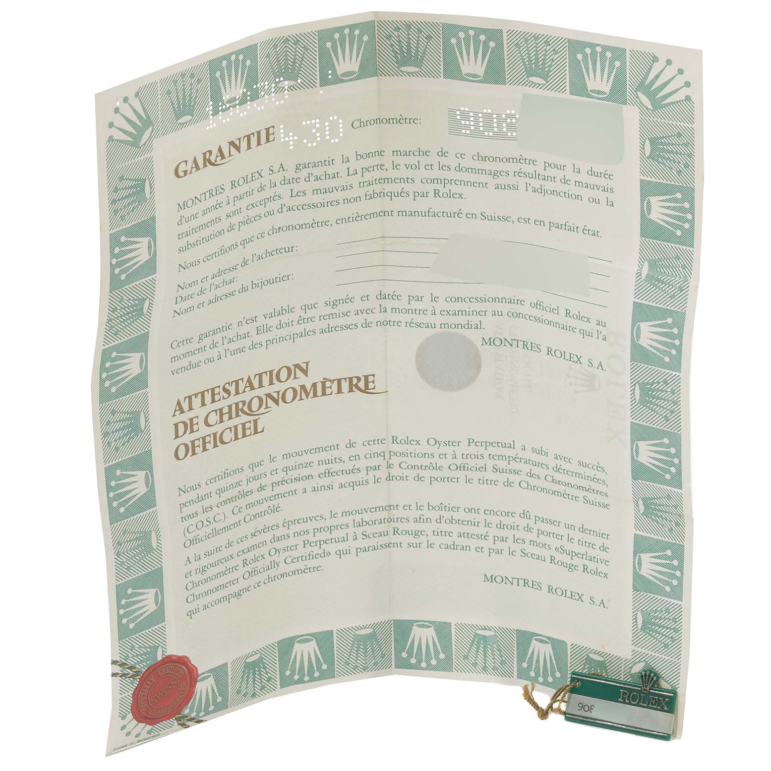 This image shows warranty and authenticity certificates for the Rolex Vintage Collection 16030 Men's Stainless Steel Silver Dial 16030 Men's Stainless Steel Silver Dial model.