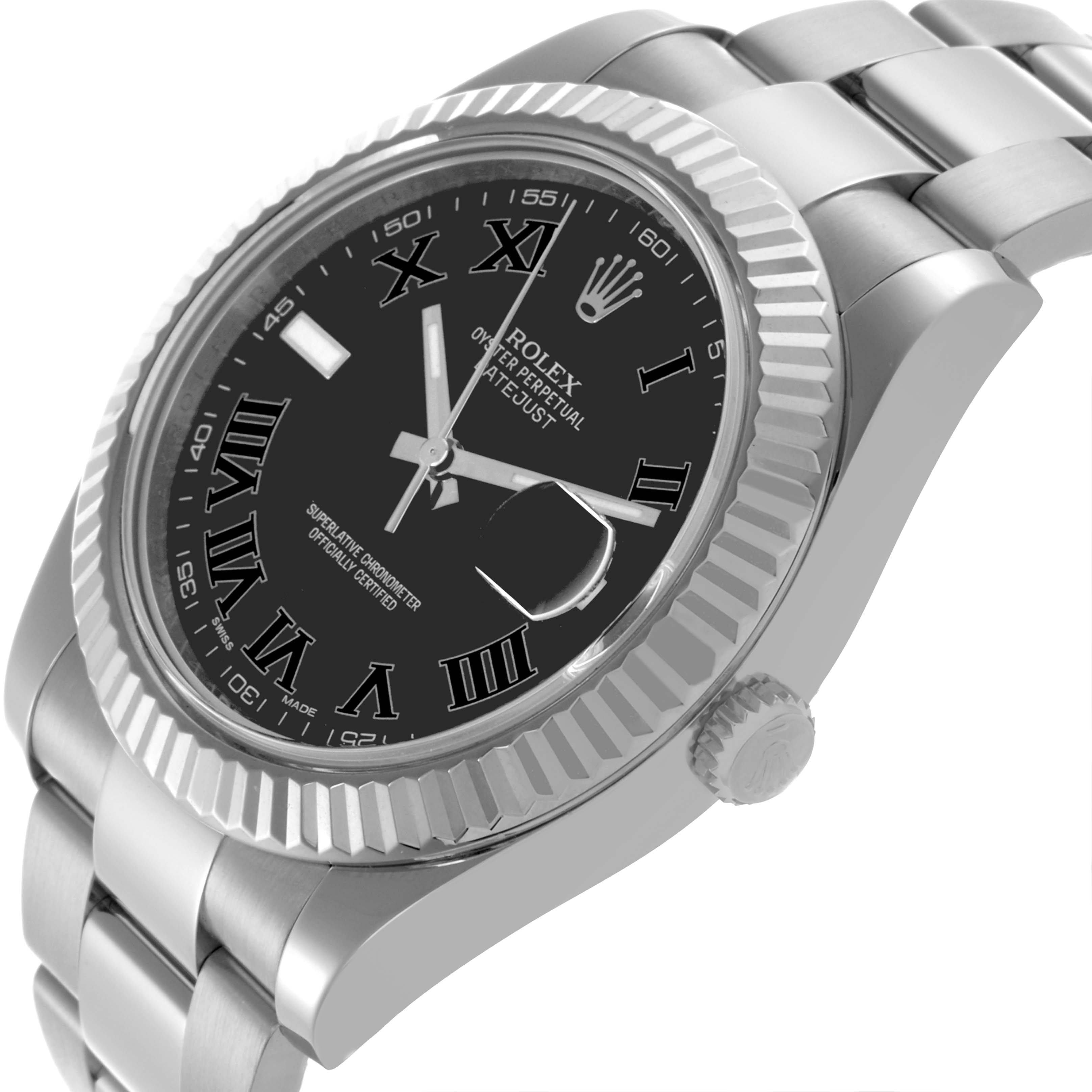 The Rolex Datejust 41 116334 Men's Stainless Steel Grey Dial 116334 Men's Stainless Steel Grey Dial is shown at an angled side view, highlighting the fluted bezel, bracelet, and crown.