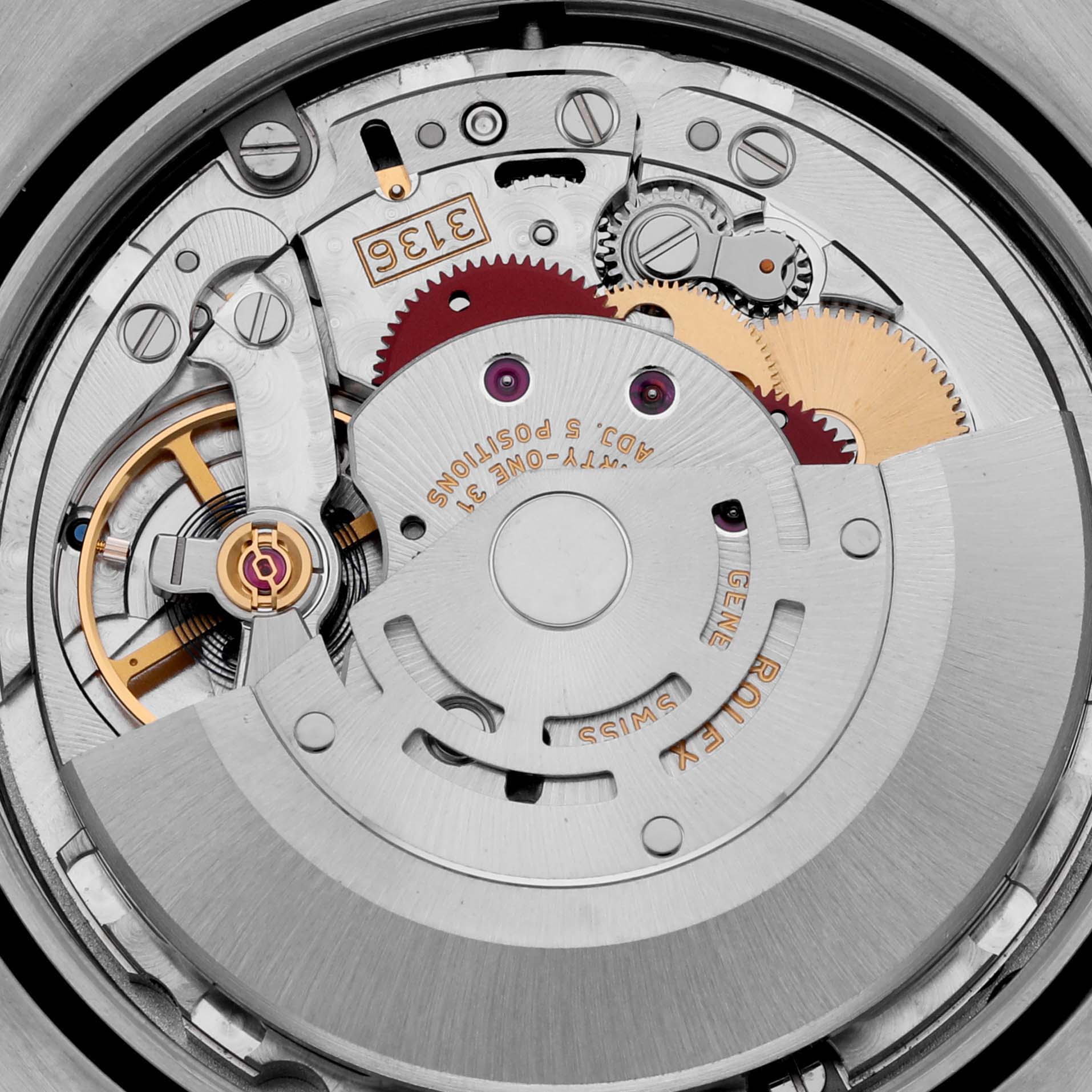The image shows the detailed movement mechanism of a Rolex Datejust 41 116334 Men's Stainless Steel Grey Dial 116334 Men's Stainless Steel Grey Dial, highlighting gears and rotors.