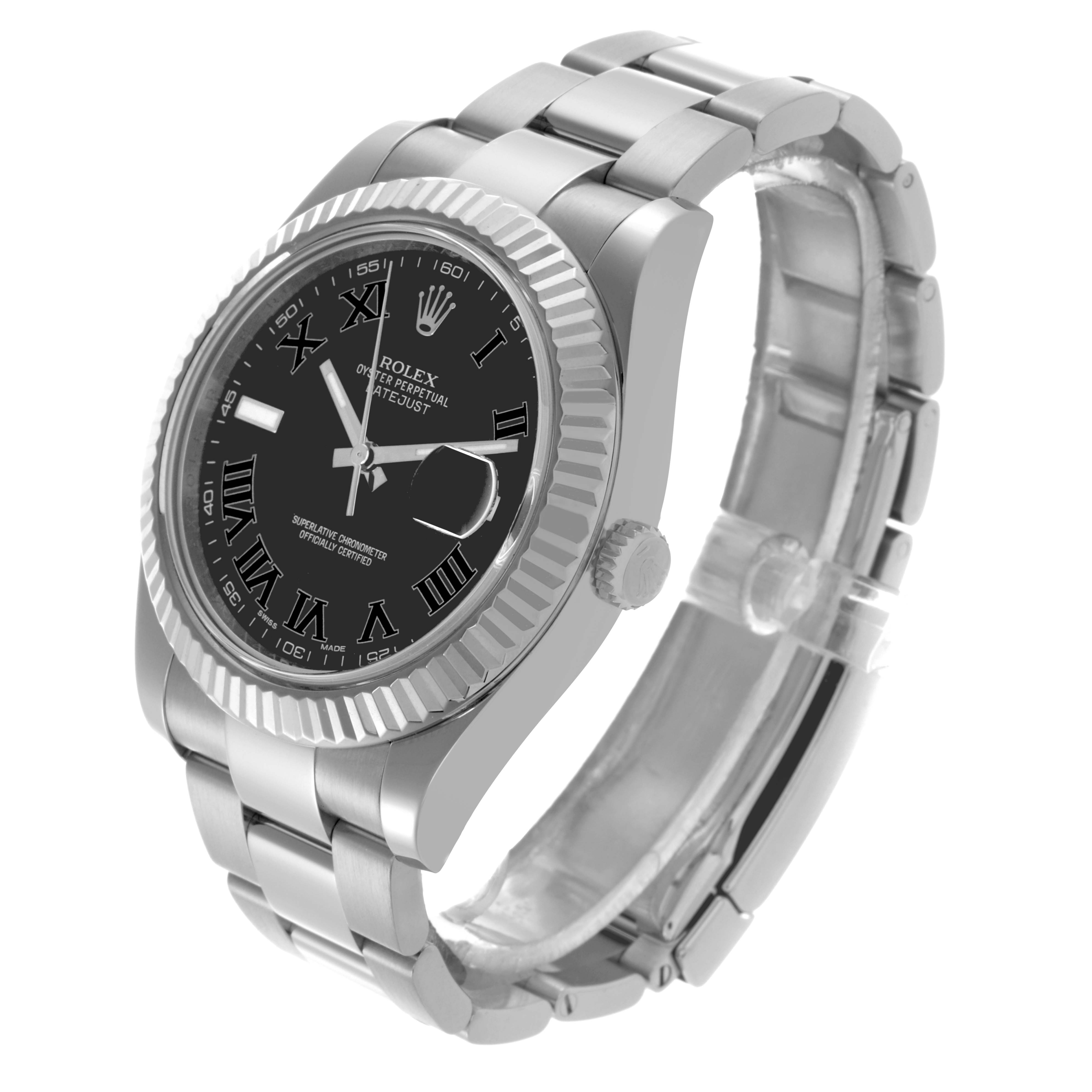 The Rolex Datejust 41 116334 Men's Stainless Steel Grey Dial 116334 Men's Stainless Steel Grey Dial is shown at a three-quarter angle, highlighting the bezel, dial, and a portion of the bracelet.