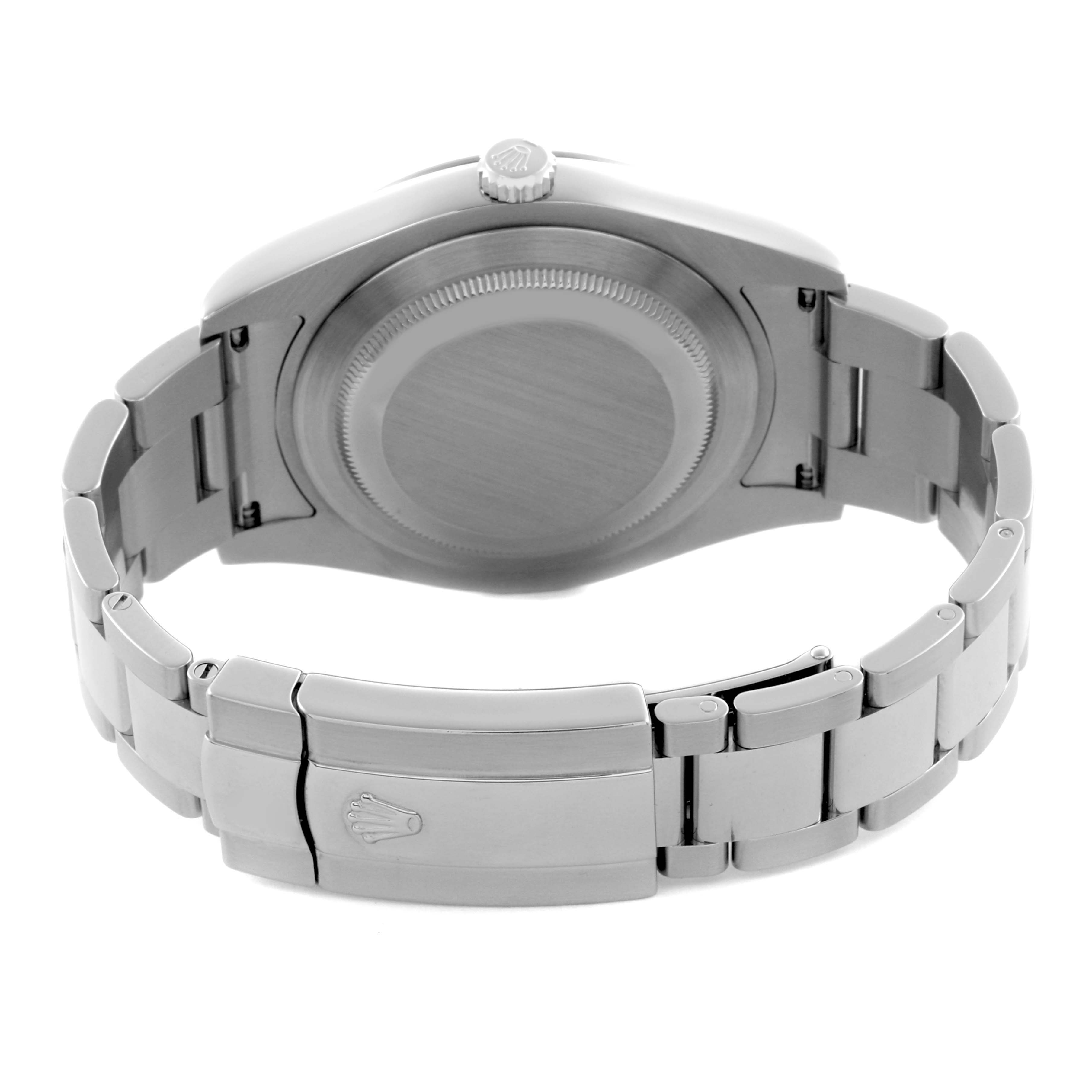 The Rolex Datejust 41 116334 Men's Stainless Steel Grey Dial 116334 Men's Stainless Steel Grey Dial watch is shown from the back, highlighting the case back and bracelet clasp.