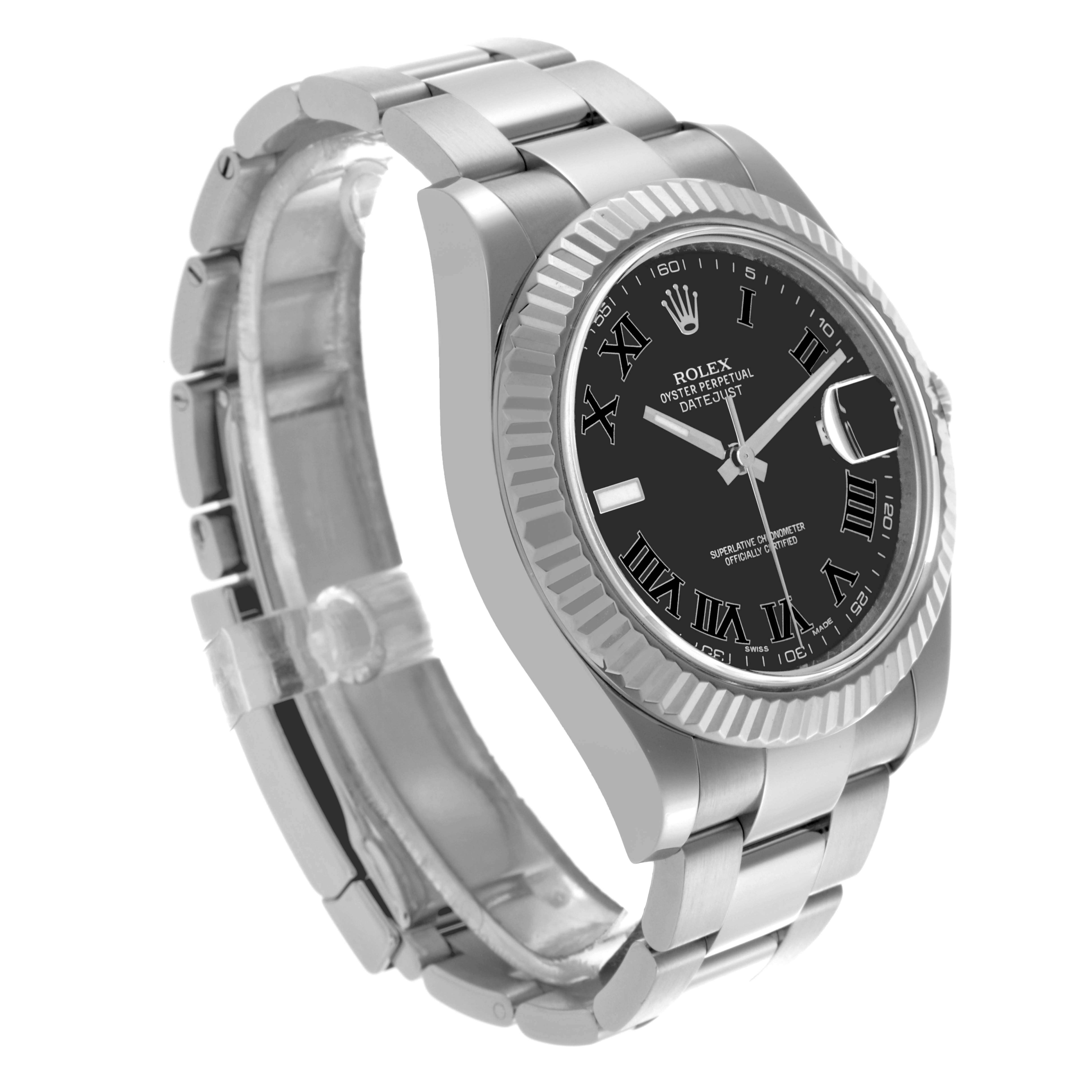 The Rolex Datejust 41 116334 Men's Stainless Steel Grey Dial 116334 Men's Stainless Steel Grey Dial is shown at a three-quarter angle, highlighting the black dial, fluted bezel, and stainless steel bracelet.