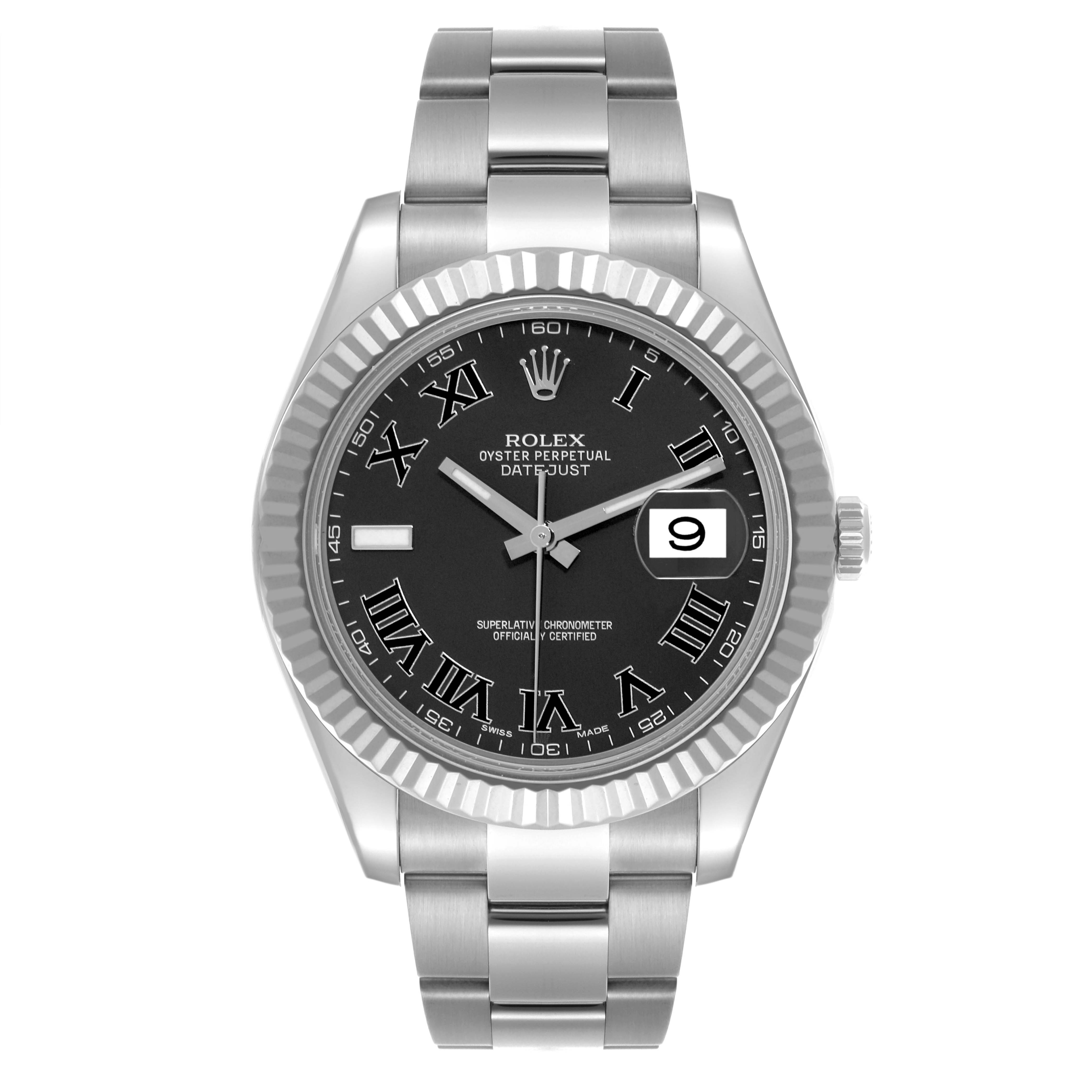 The Rolex Datejust 41 116334 Men's Stainless Steel Grey Dial 116334 Men's Stainless Steel Grey Dial is shown from a front angle, highlighting its black dial, fluted bezel, and stainless steel bracelet.