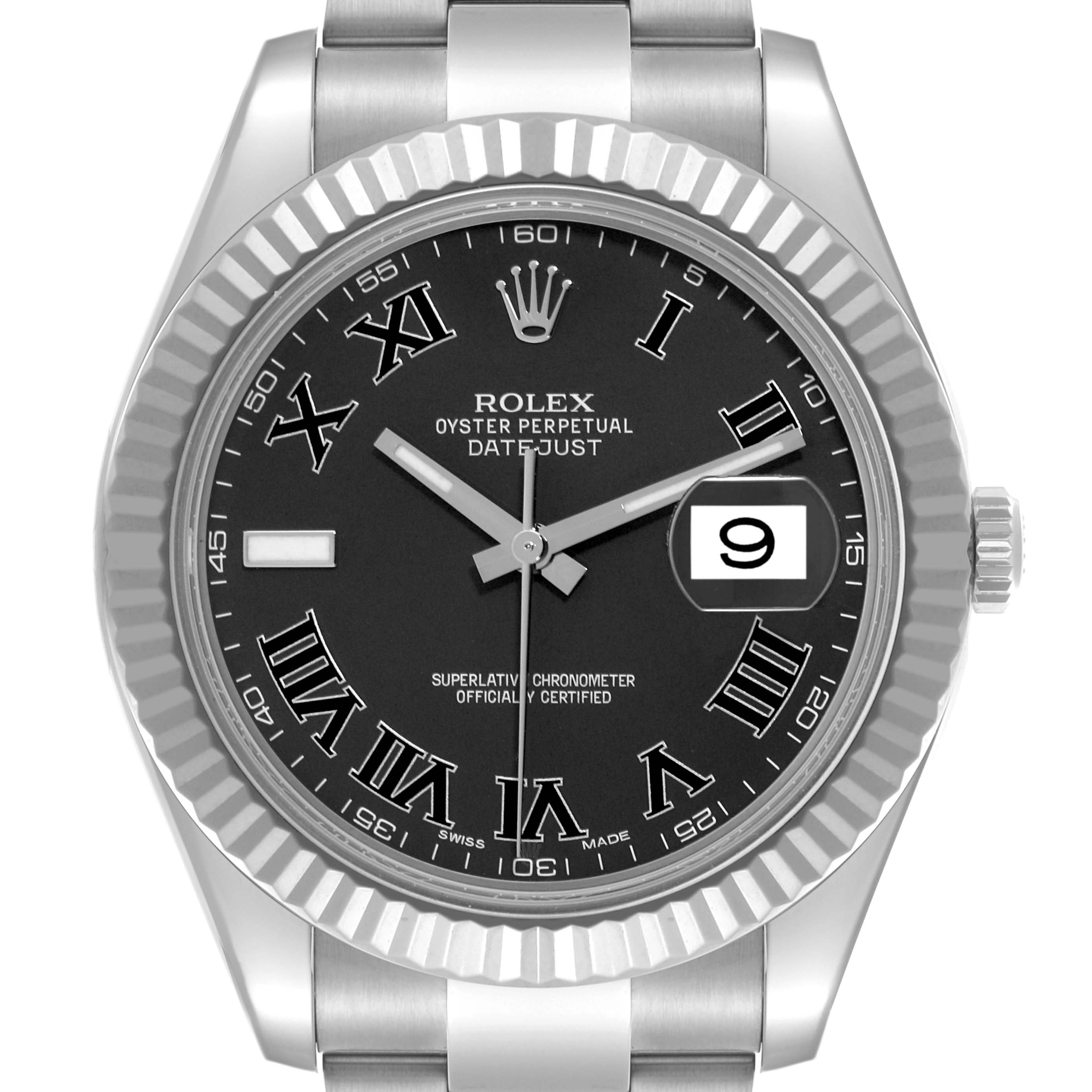 The Rolex Datejust 41 116334 Men's Stainless Steel Grey Dial 116334 Men's Stainless Steel Grey Dial is shown from a front angle, highlighting the dial, fluted bezel, hands, and bracelet.