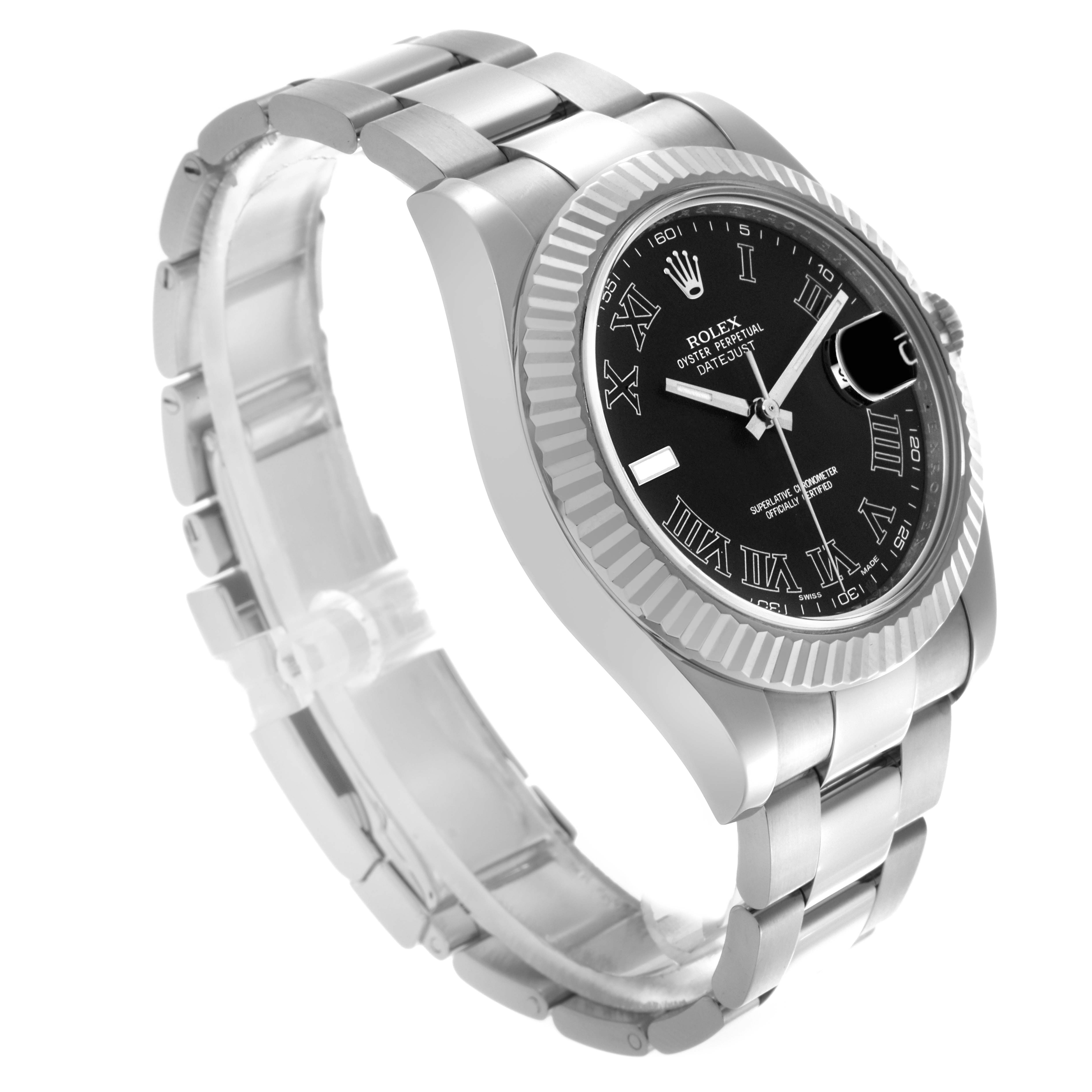 The Rolex Datejust 41 116334 Men
s Stainless Steel Grey Dial 116334 Men
s Stainless Steel Grey Dial watch is shown at a three-quarter angle, highlighting the fluted bezel, black dial, and Oyster bracelet.