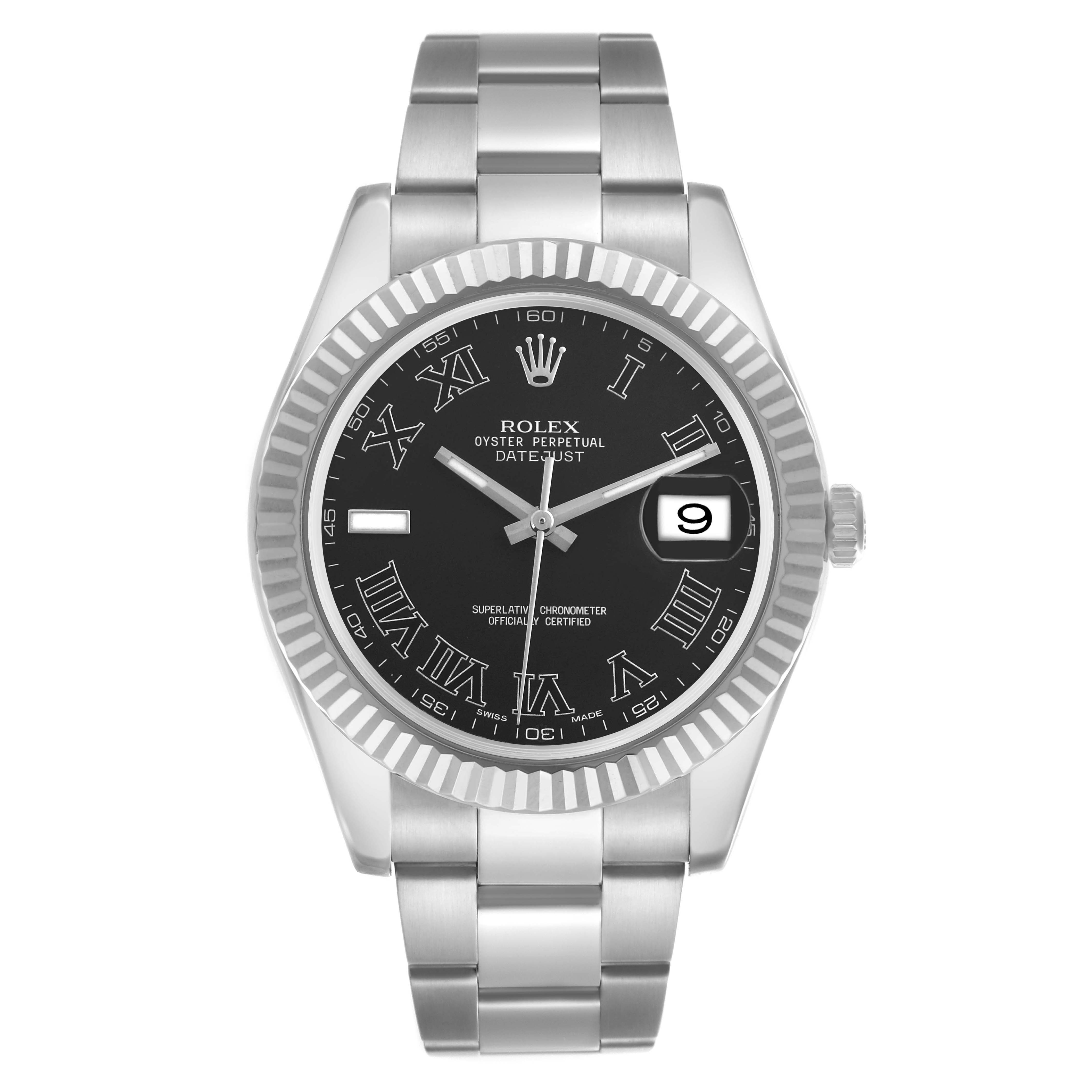 The Rolex Datejust 41 116334 Men
s Stainless Steel Grey Dial 116334 Men
s Stainless Steel Grey Dial watch is shown from the front, displaying the dial, bezel, bracelet, and date magnifier at 3 o
clock.