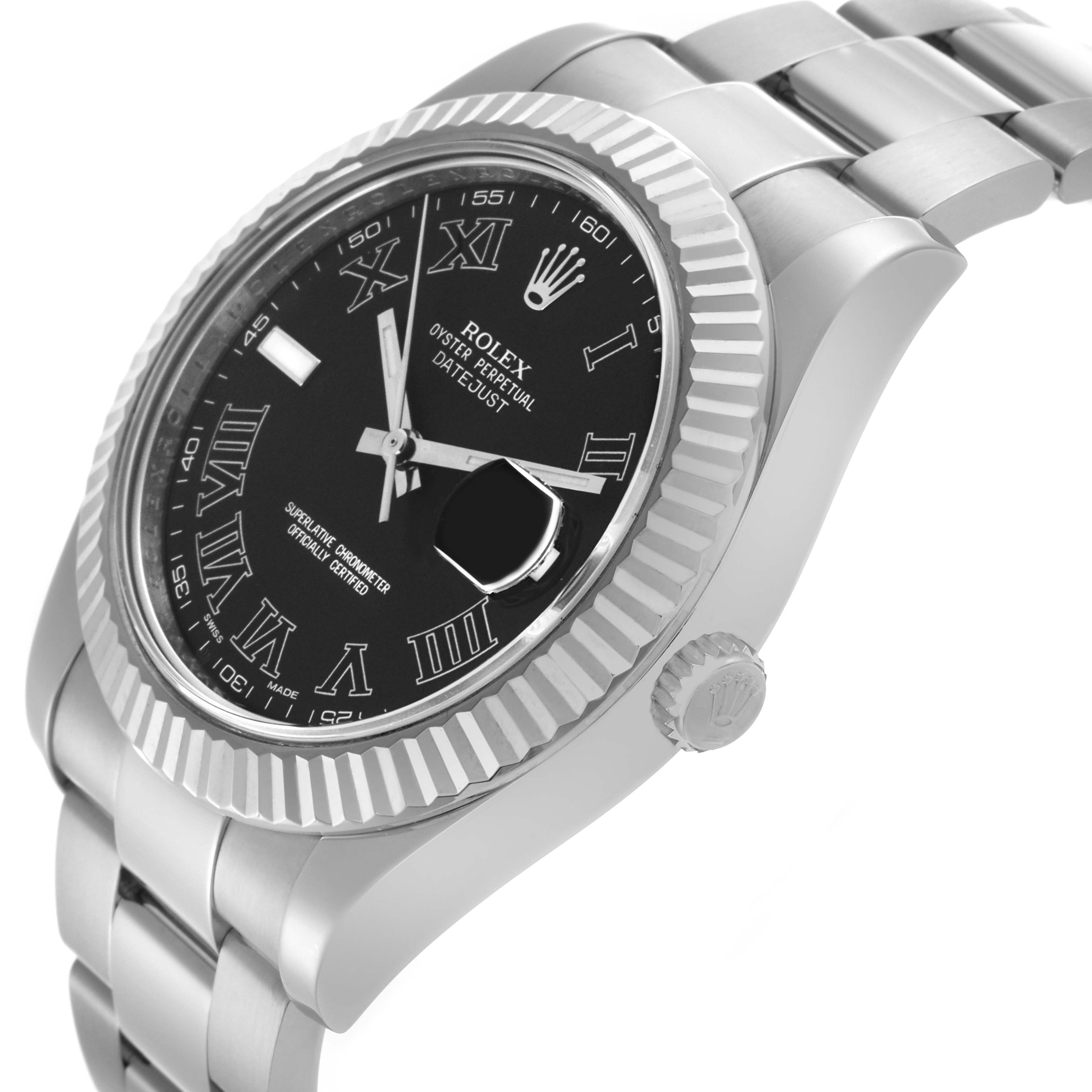 The Rolex Datejust 41 116334 Men
s Stainless Steel Grey Dial 116334 Men
s Stainless Steel Grey Dial is shown from a side angle highlighting the dial, fluted bezel, and part of the bracelet.
