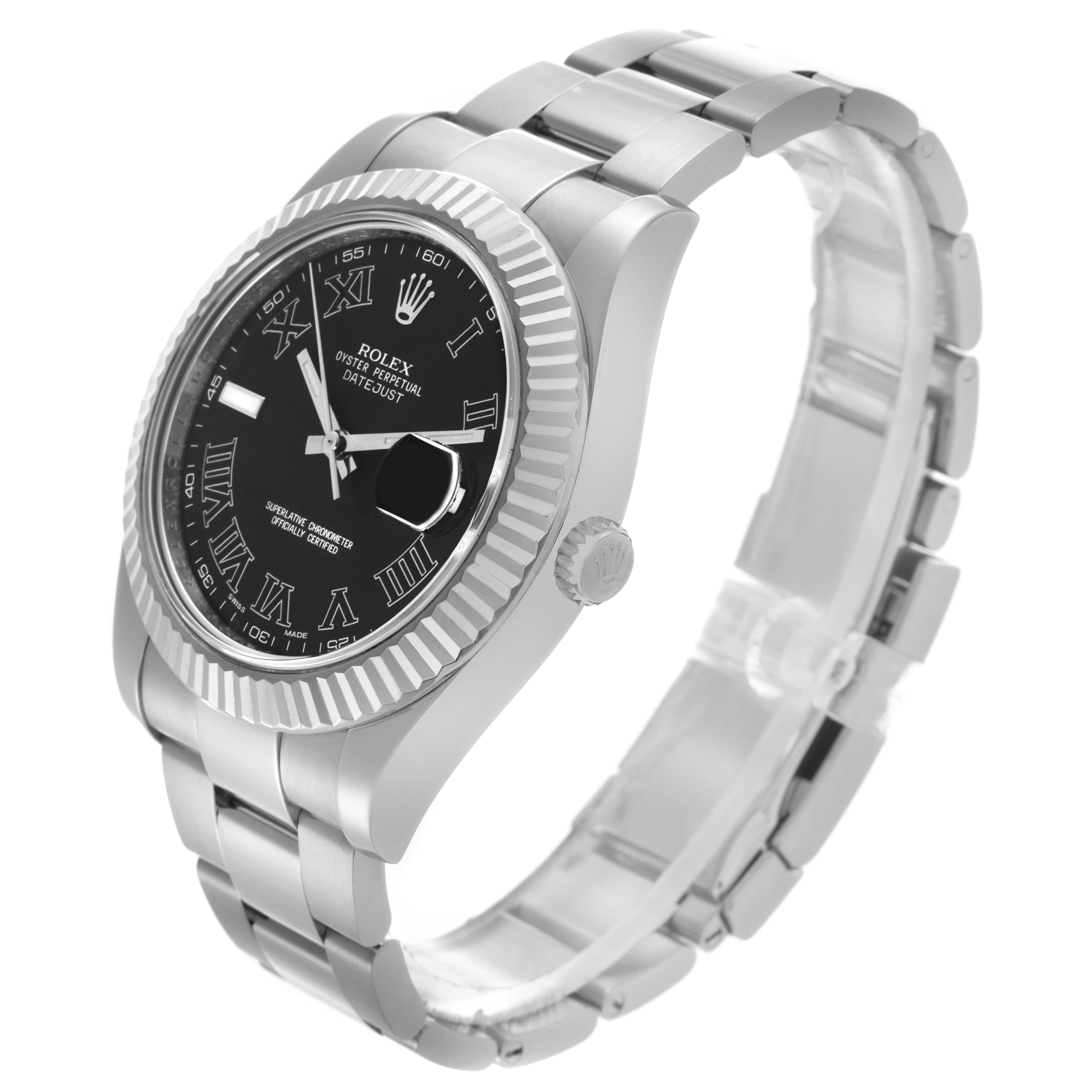 The Rolex Datejust 41 116334 Men
s Stainless Steel Grey Dial 116334 Men
s Stainless Steel Grey Dial is shown at a front-left angle highlighting the black dial, fluted bezel, and metal bracelet.