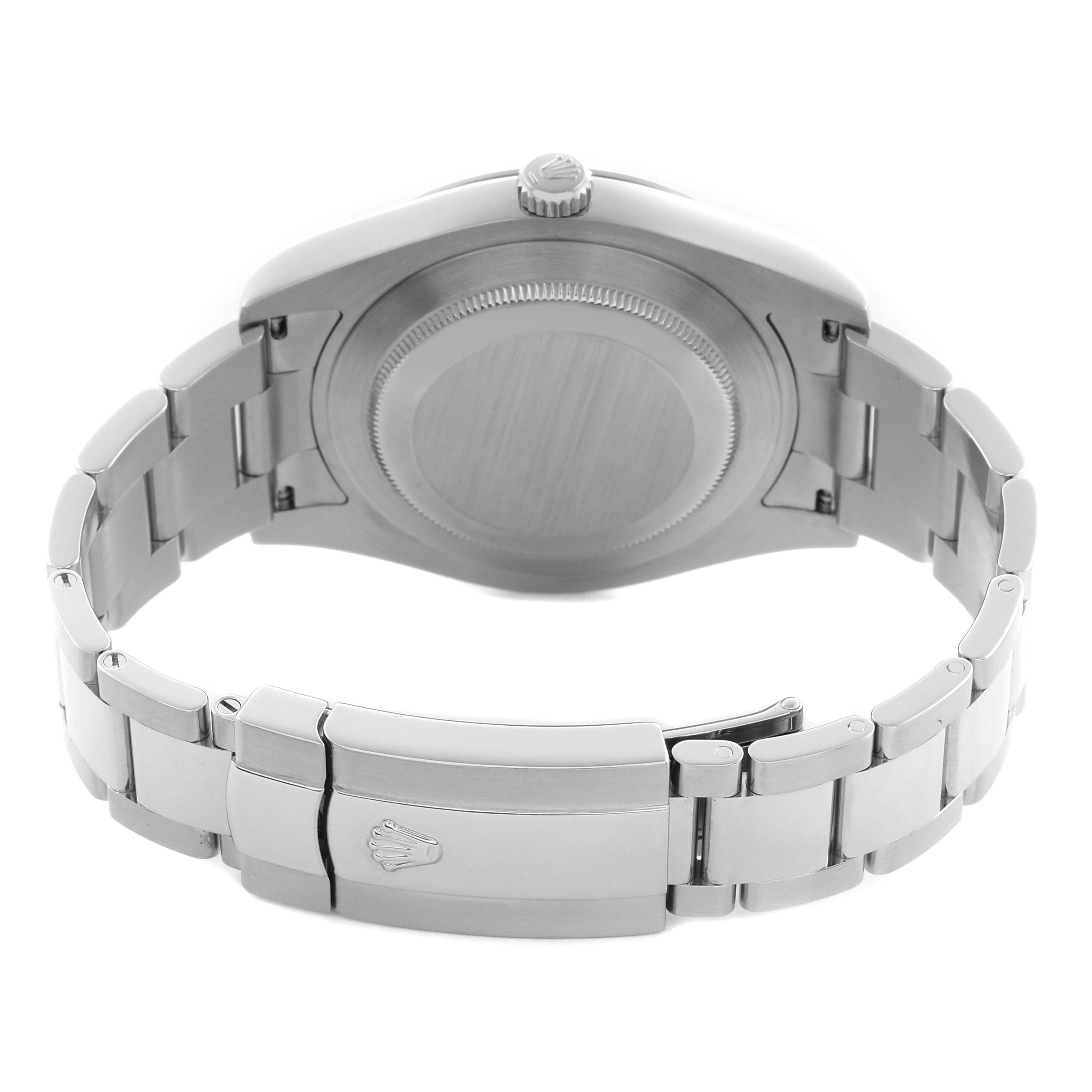 The image shows the back of a Rolex Datejust 41 116334 Men
s Stainless Steel Grey Dial 116334 Men
s Stainless Steel Grey Dial, focusing on the case back and bracelet clasp.