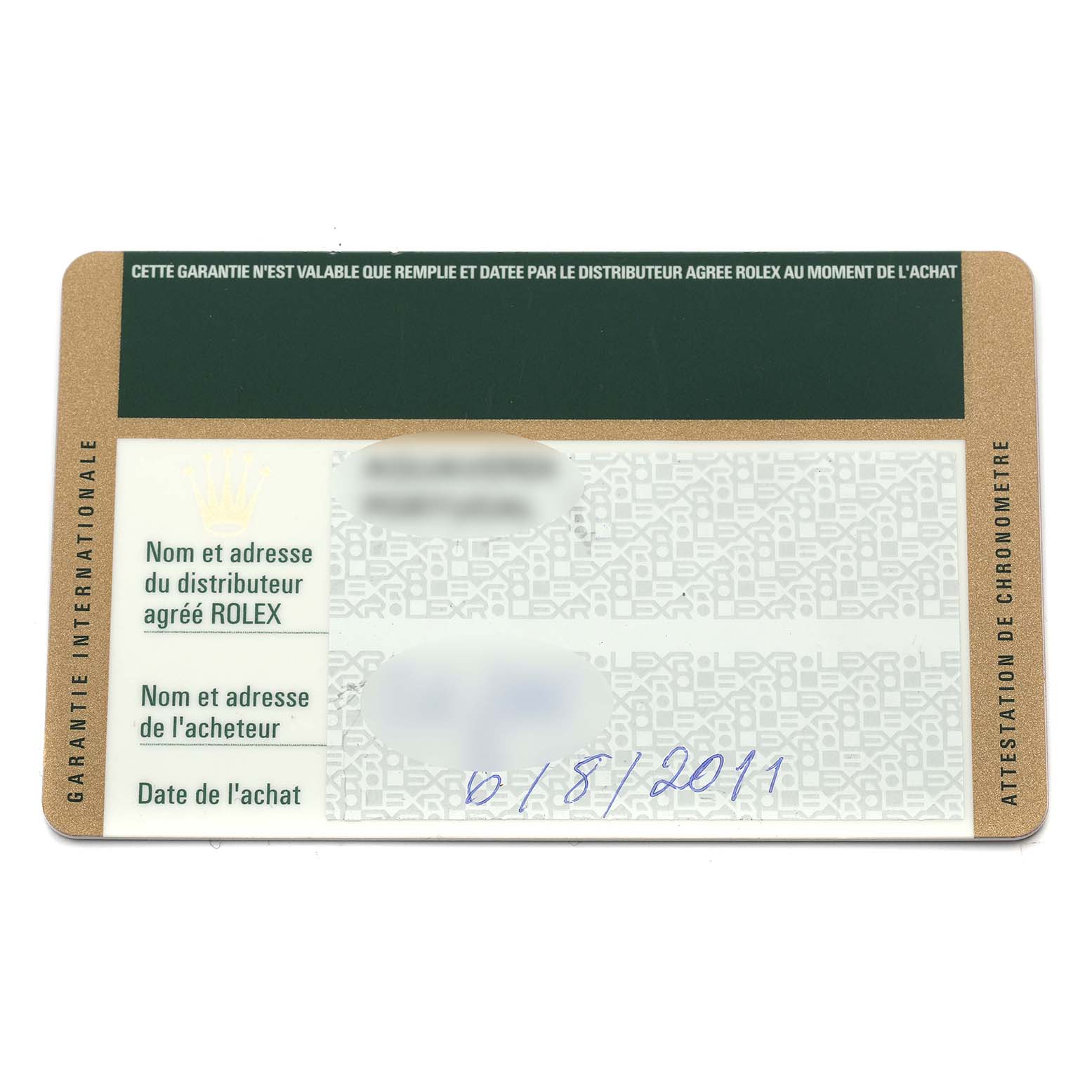 This image shows a Rolex Datejust 41 116334 Men
s Stainless Steel Grey Dial 116334 Men
s Stainless Steel Grey Dial warranty card with some text and date details.