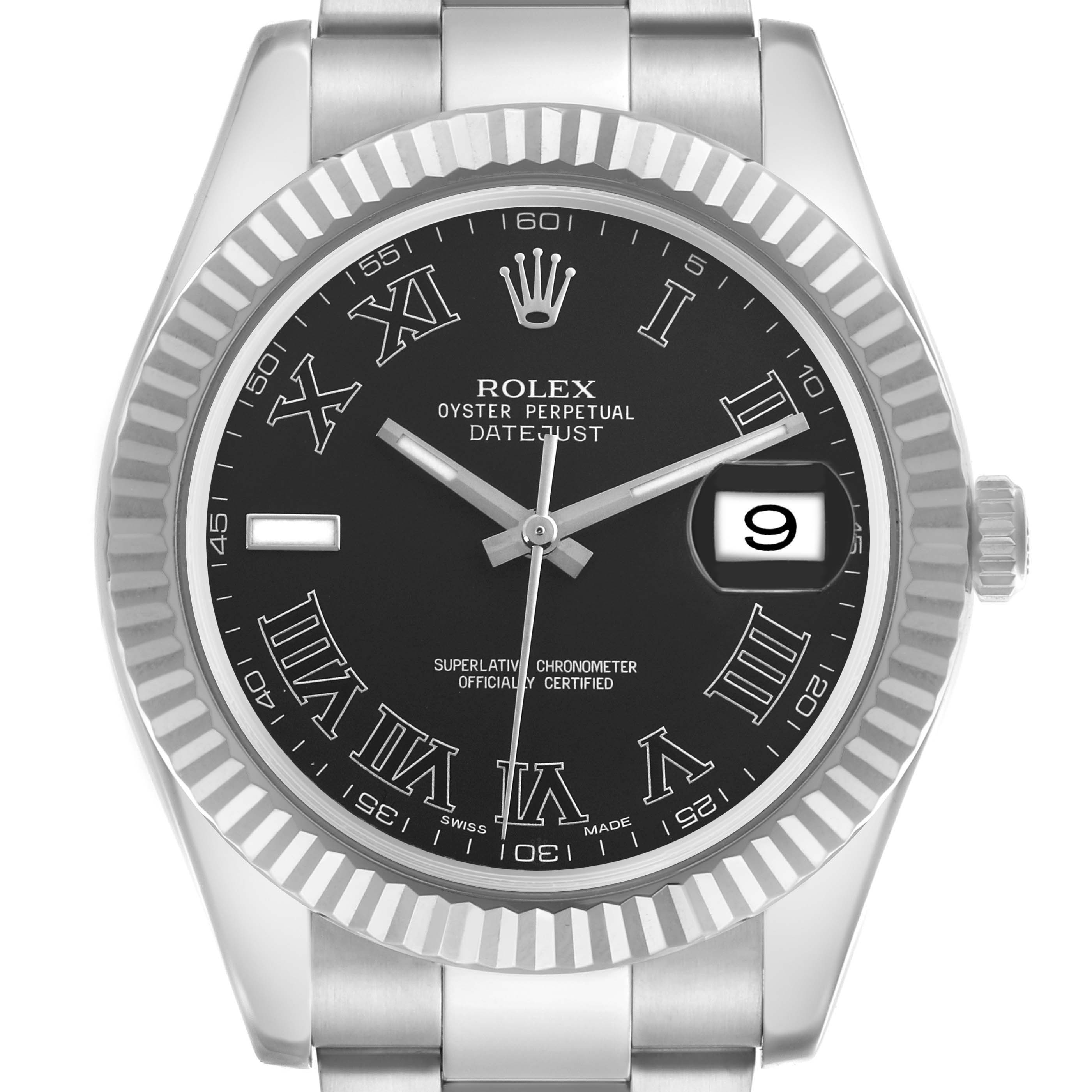 The Rolex Datejust 41 116334 Men
s Stainless Steel Grey Dial 116334 Men
s Stainless Steel Grey Dial watch is shown from a front angle, highlighting the full dial, bezel, and bracelet.