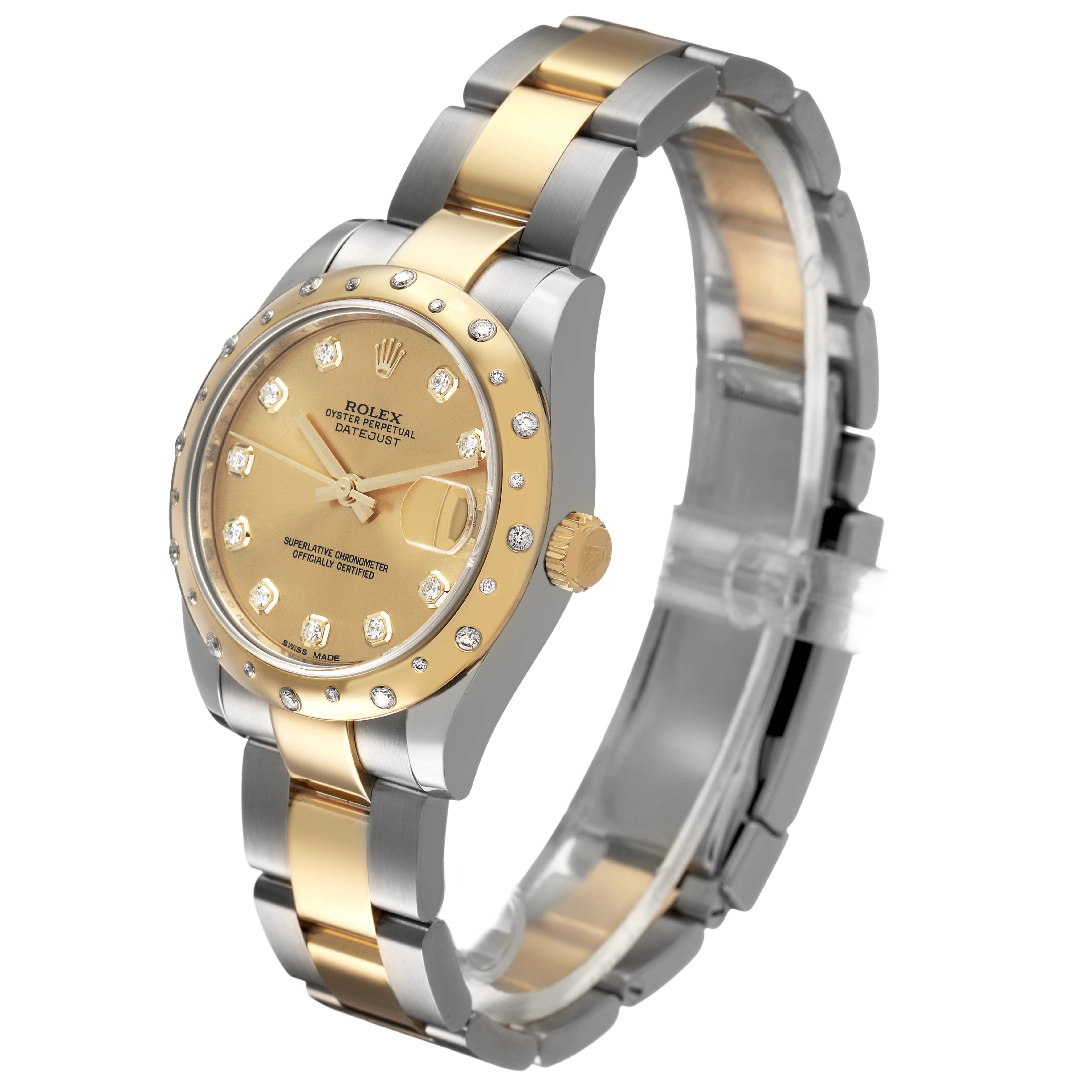 The Rolex Mid-Size 178343 Women's Steel and Gold (two tone) Champagne Dial watch is shown at a three-quarter angle, displaying the face, bezel, crown, and bracelet links.
