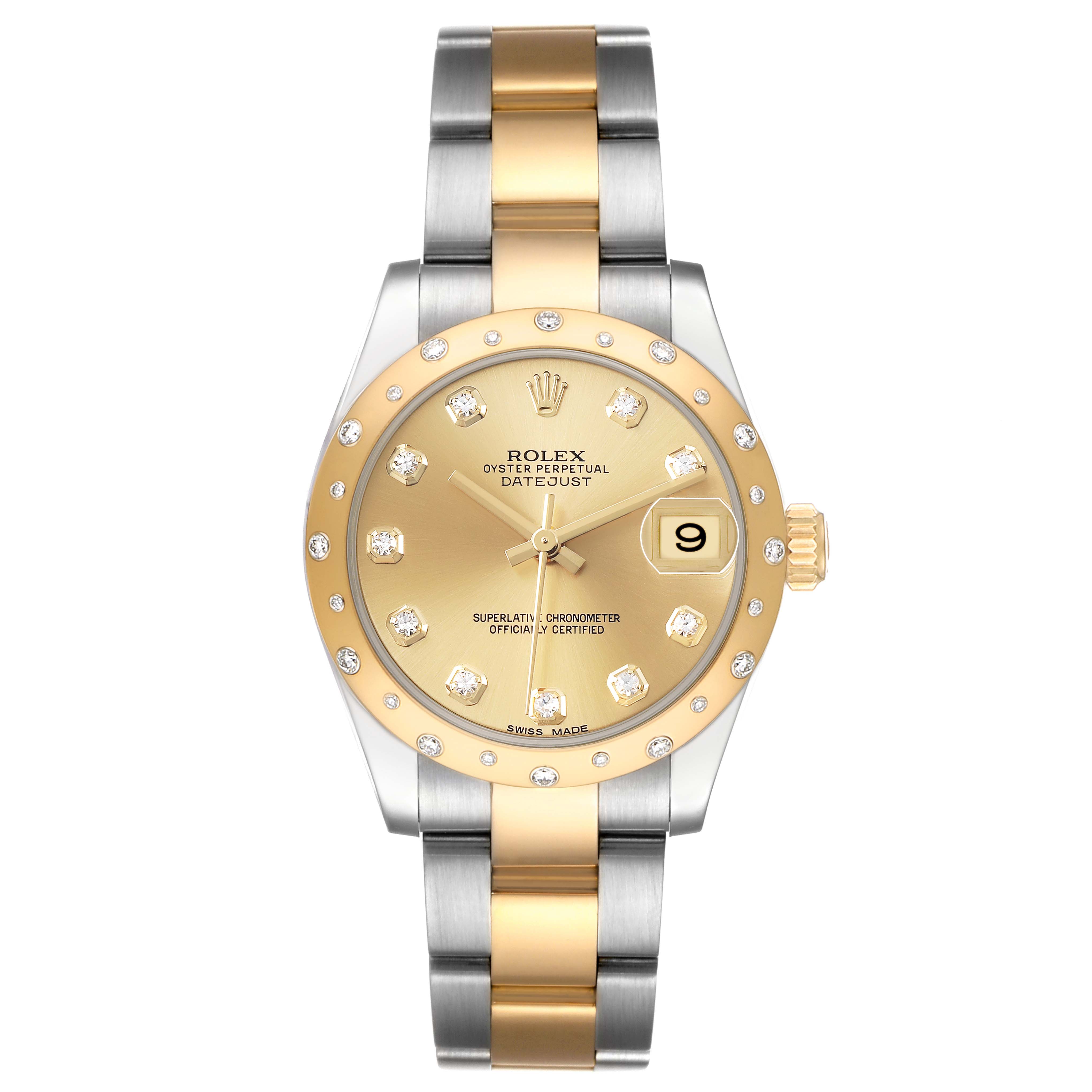 The Rolex Mid-Size 178343 Women's Steel and Gold (two tone) Champagne Dial watch is shown from a front angle, displaying the dial, bezel, and bracelet clearly.