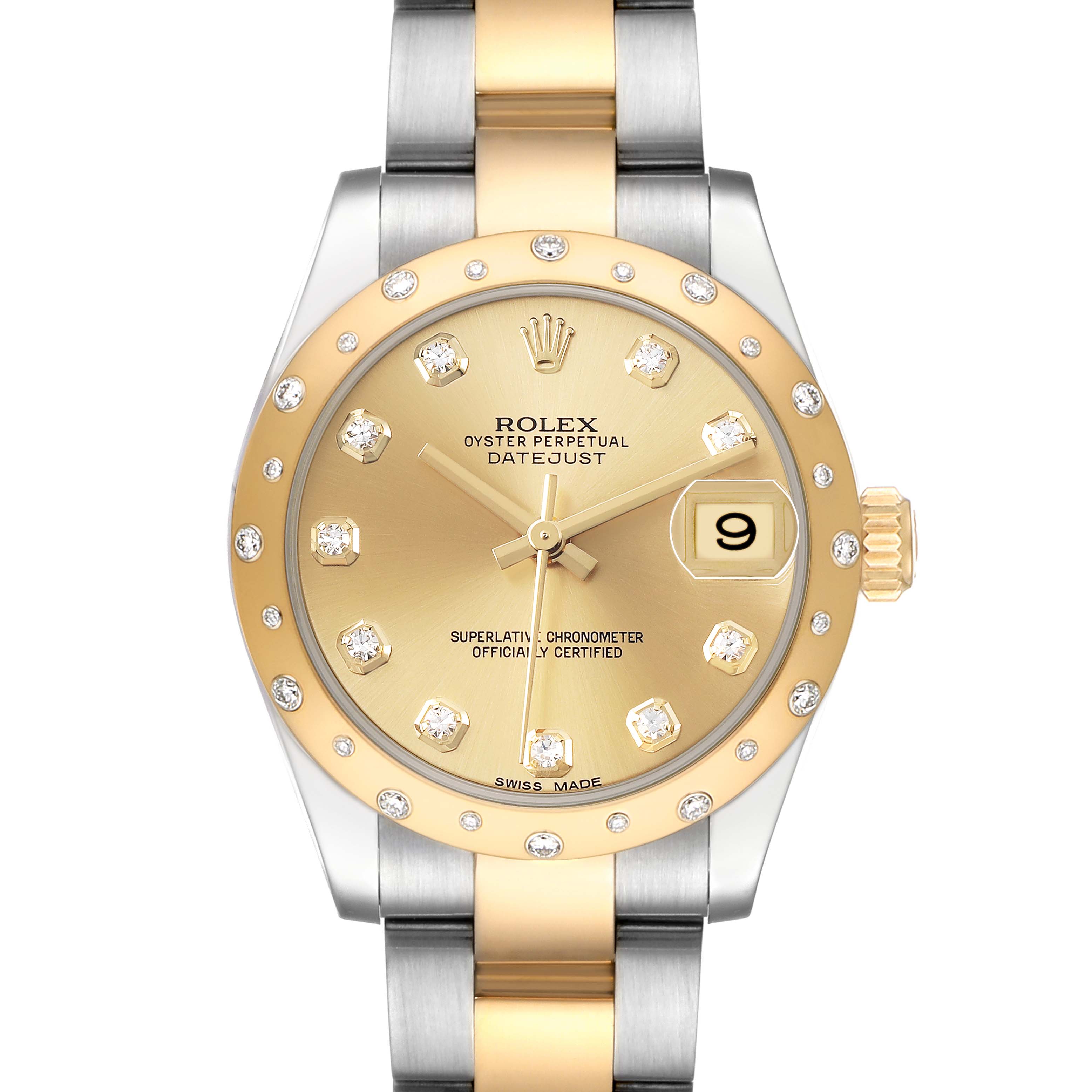 The Rolex Mid-Size 178343 Women's Steel and Gold (two tone) Champagne Dial watch is shown from the front, highlighting the gold bezel, diamond markers, and two-tone bracelet.