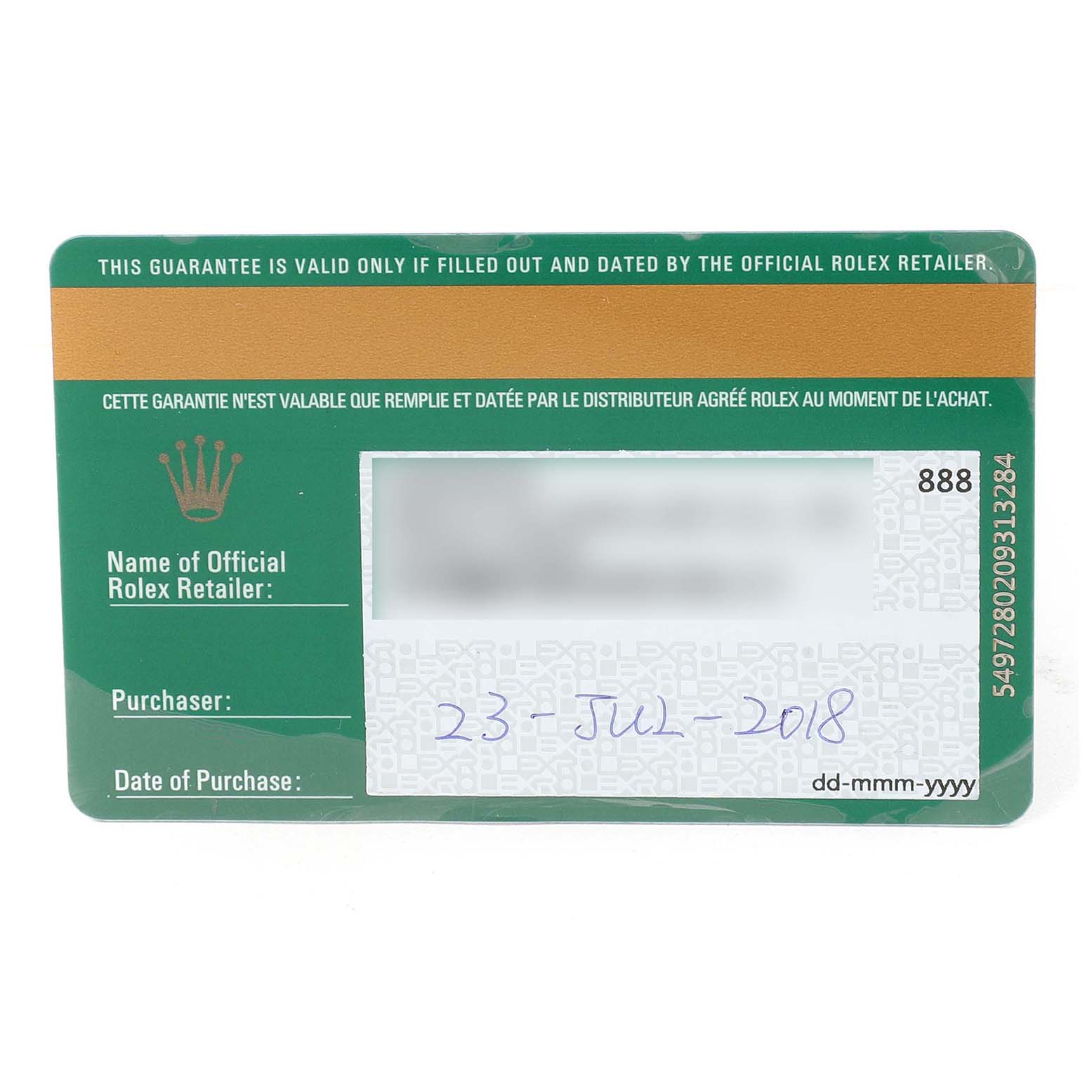 The image shows a warranty card for a Rolex Mid-Size 178343 Women's Steel and Gold (two tone) Champagne Dial model, displaying issued details and dealer information.