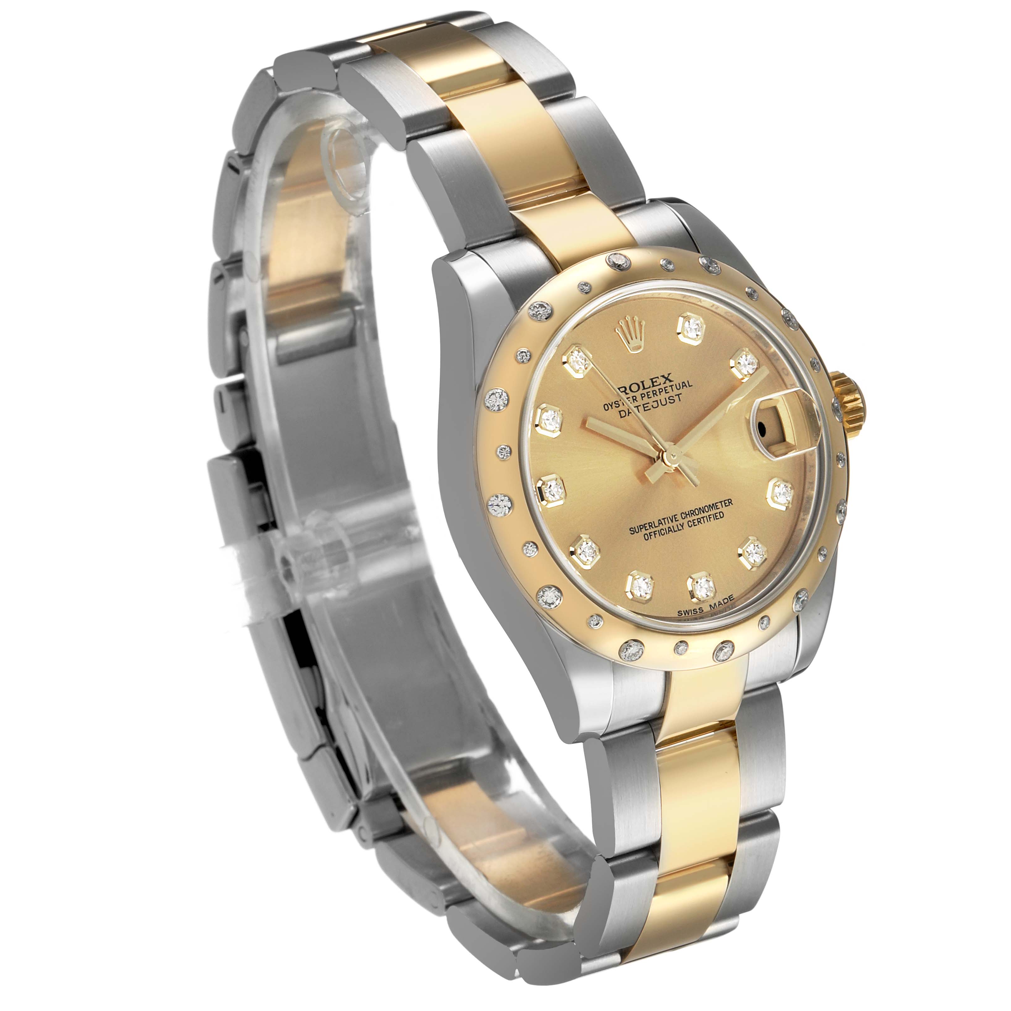 The Rolex Mid-Size 178343 Women's Steel and Gold (two tone) Champagne Dial watch is shown at an angled view highlighting its face, bezel, and bracelet.