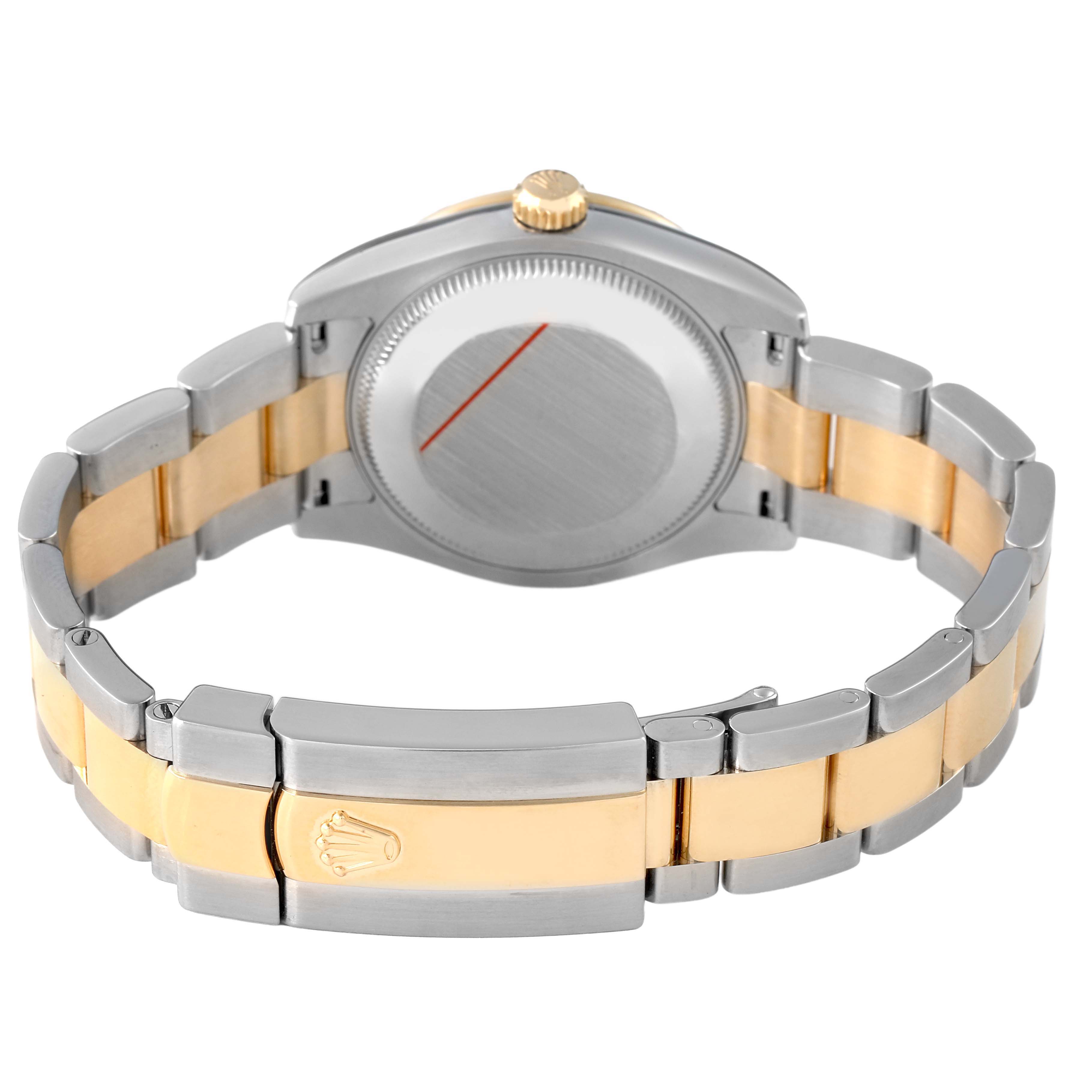 The Rolex Mid-Size 178343 Women's Steel and Gold (two tone) Champagne Dial model is shown from the back, featuring its bracelet, clasp, and case back.