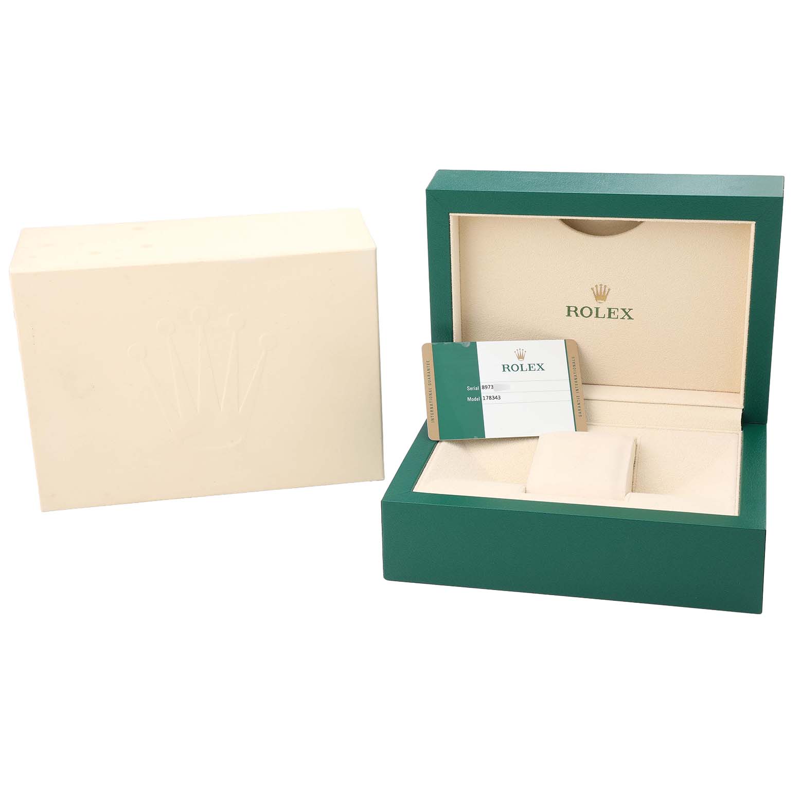 The image shows the open and closed boxes for a Rolex Mid-Size 178343 Women's Steel and Gold (two tone) Champagne Dial watch, displaying a card and cushion inside.