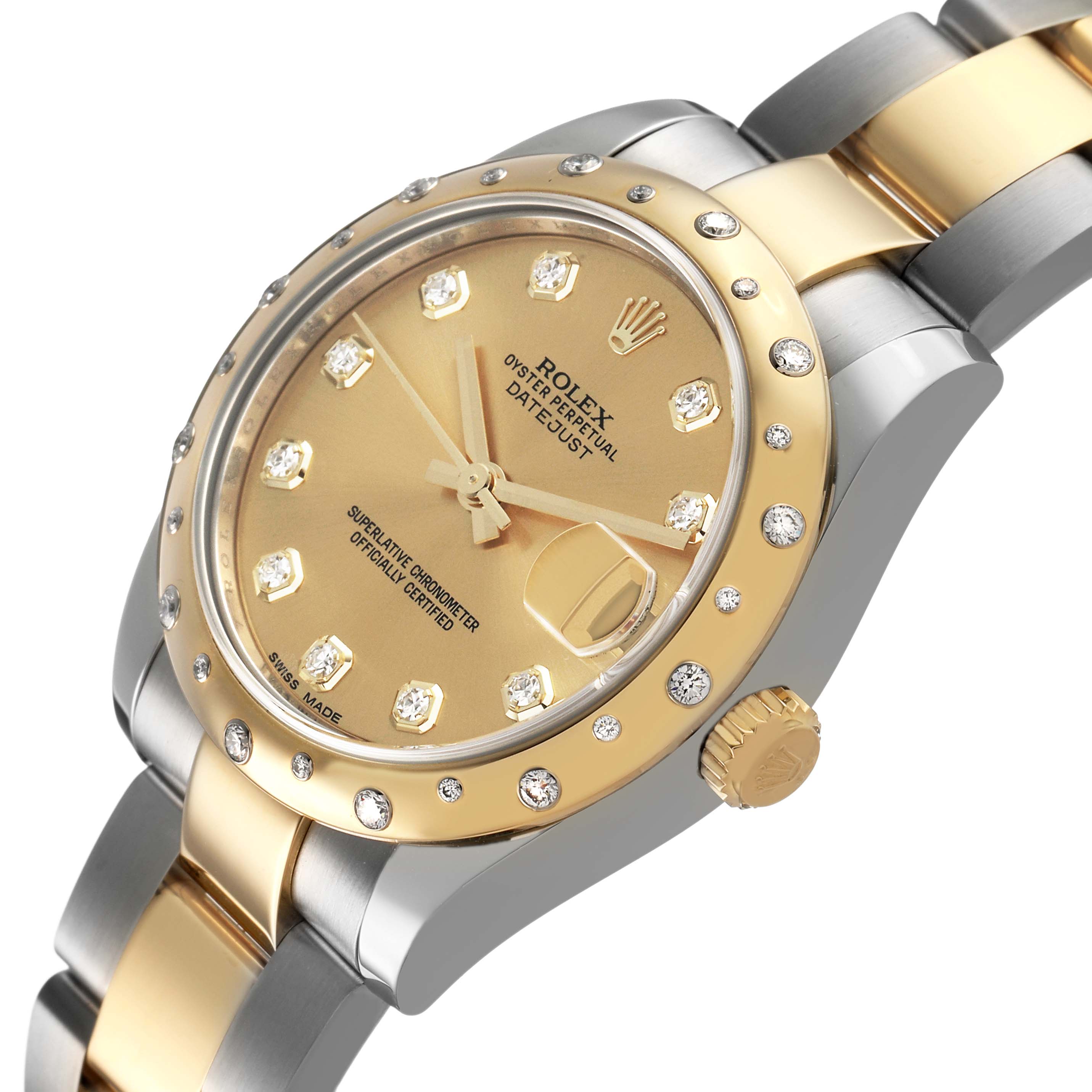 The Rolex Mid-Size 178343 Women's Steel and Gold (two tone) Champagne Dial watch is shown from a side angle highlighting the bezel, dial, crown, and band.