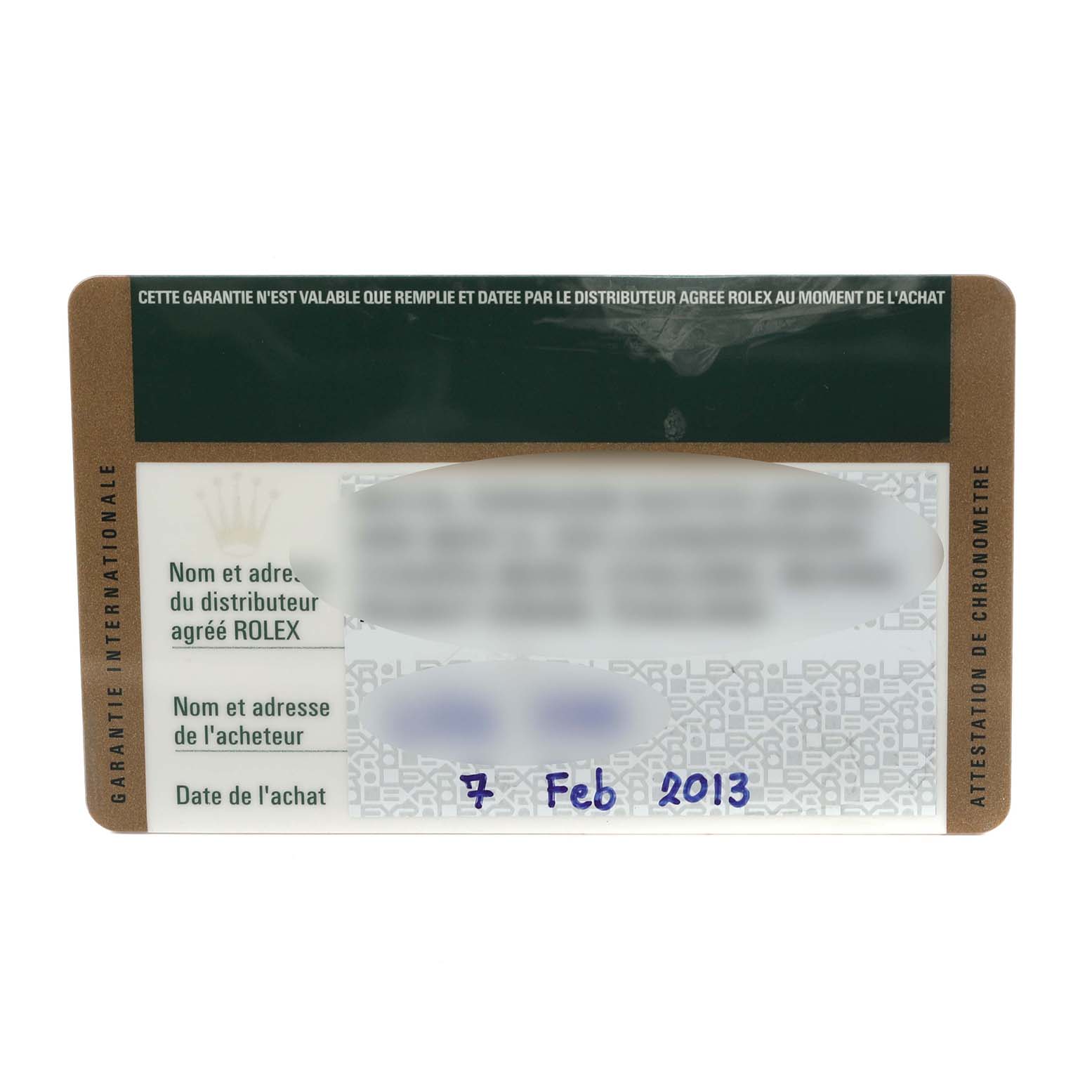 This image shows a Rolex warranty card for a Mid-Size model from a front view.