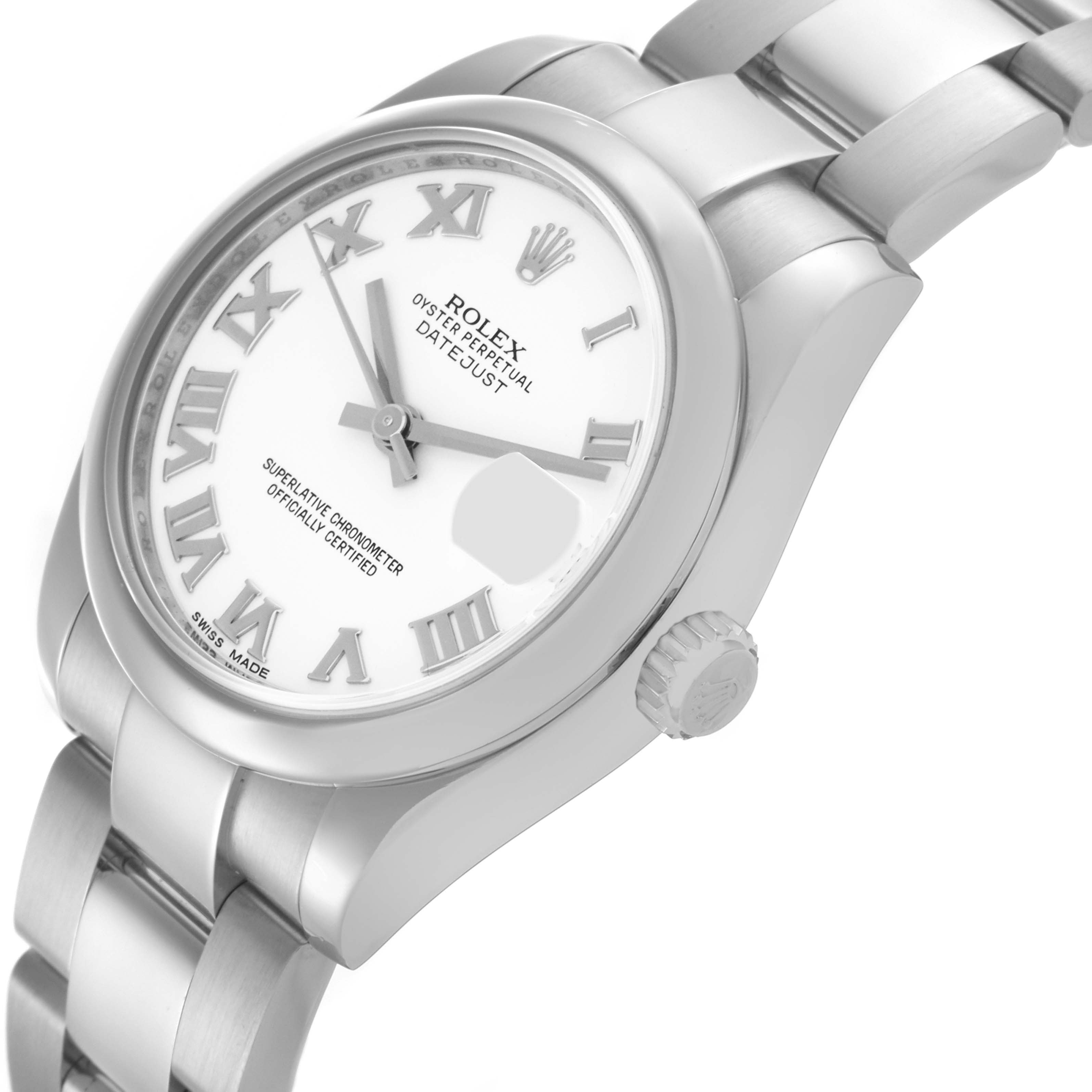 The Rolex Mid-Size 178240 Women's Stainless Steel White Dial 178240 Women's Stainless Steel White Dial watch is shown at a three-quarter angle, displaying its face, crown, and part of the bracelet.